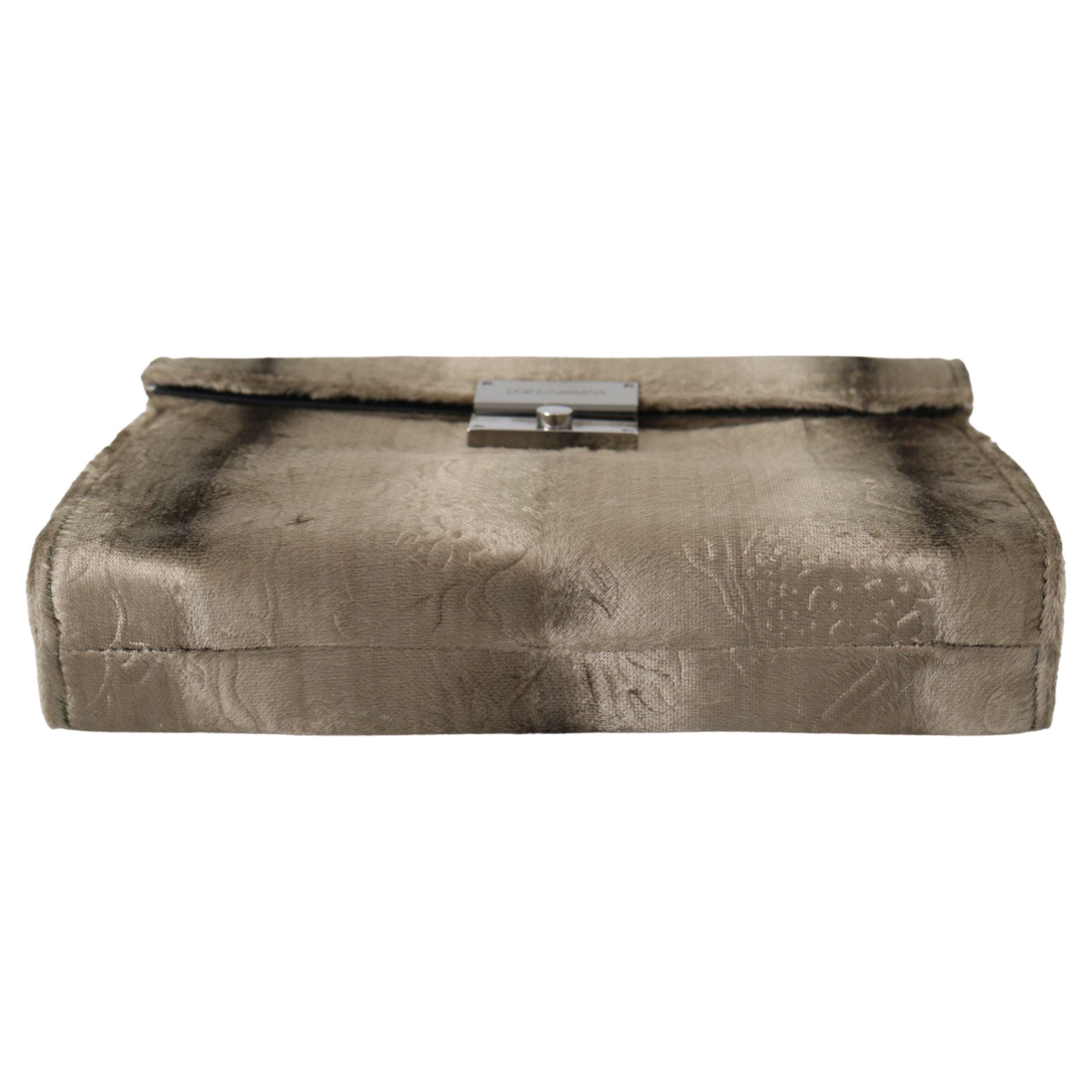 Luxour, Dolce & Gabbana Beige Velvet Croco-Print Leather Briefcase Clutch, 