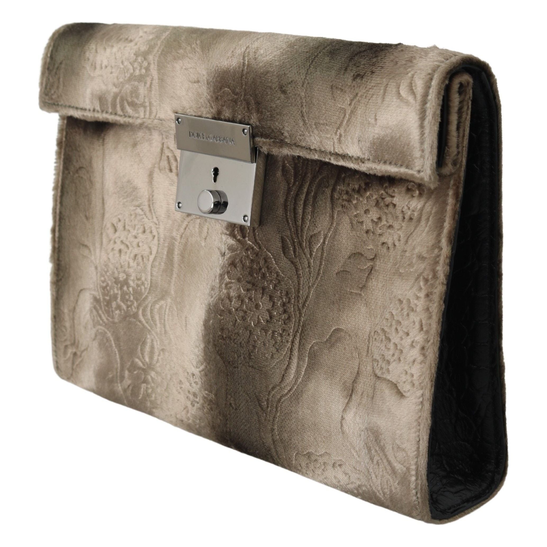 Luxour, Dolce & Gabbana Beige Velvet Croco-Print Leather Briefcase Clutch, 