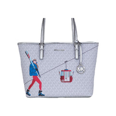 Luxour, Michael Kors Jet Set Girls Print Medium Signature PVC Carryall Shoulder Tote Handbag (Bright White Multi), 