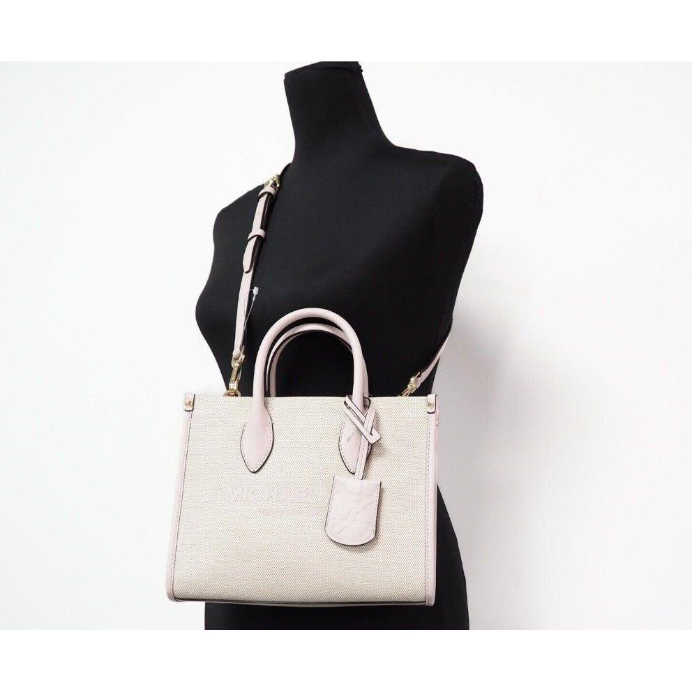 Luxour, Michael Kors Mirella Small Powder Blush Canvas Shopper Crossbody Handbag Purse, 