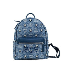 Luxour, MCM Stark Small Blue Vintage Jacquard Monogram Logo Fabric Backpack Bookbag, 