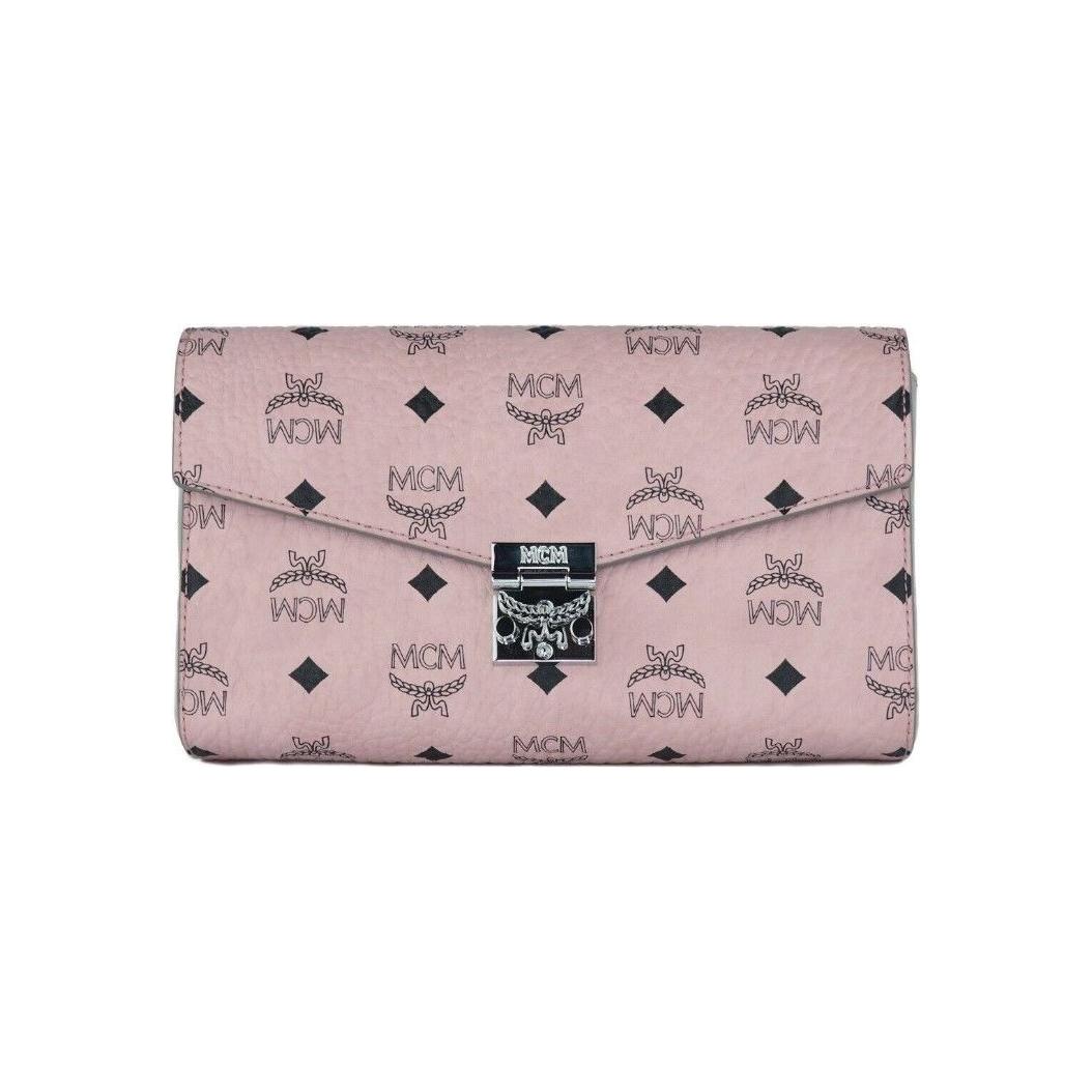 Luxour, MCM Medium Soft Pink Signature Diamond Logo Leather Clutch Crossbody Handbag, 
