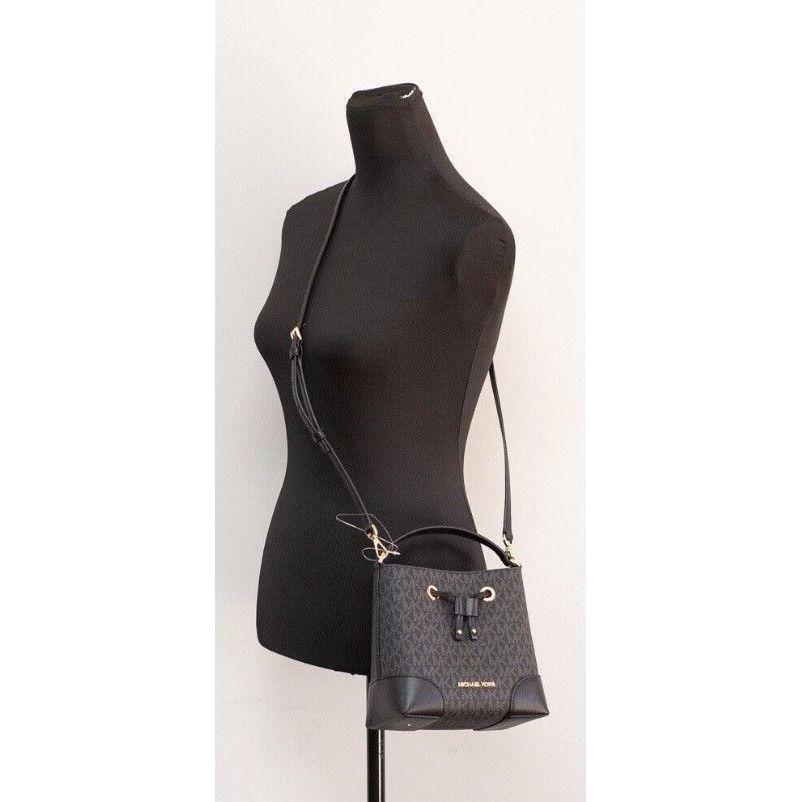 Luxour, Michael Kors Mercer Small Black Signature Leather Bucket Crossbody Handbag Purse, 