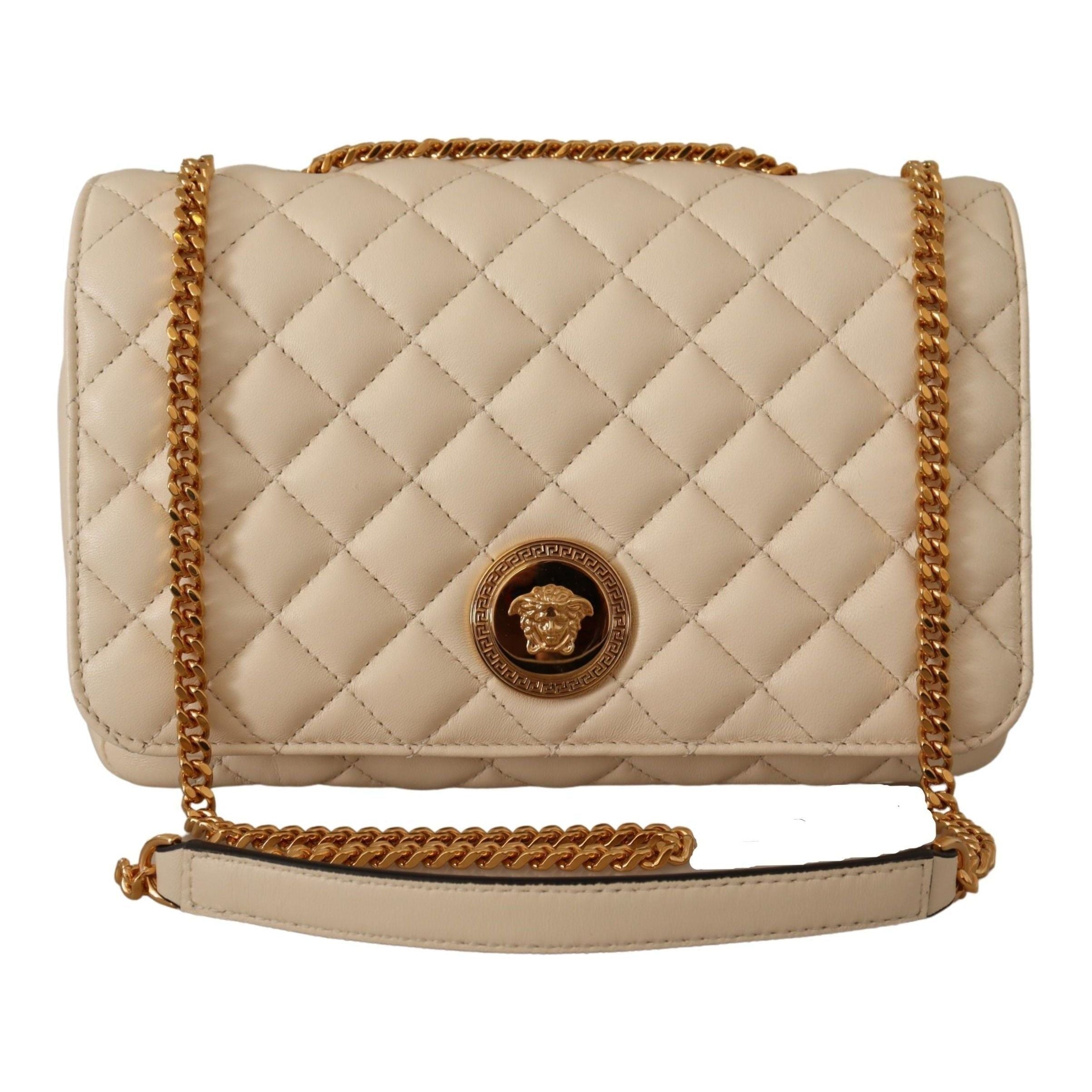 Luxour, Versace Elegant White Nappa Leather Shoulder Bag, 