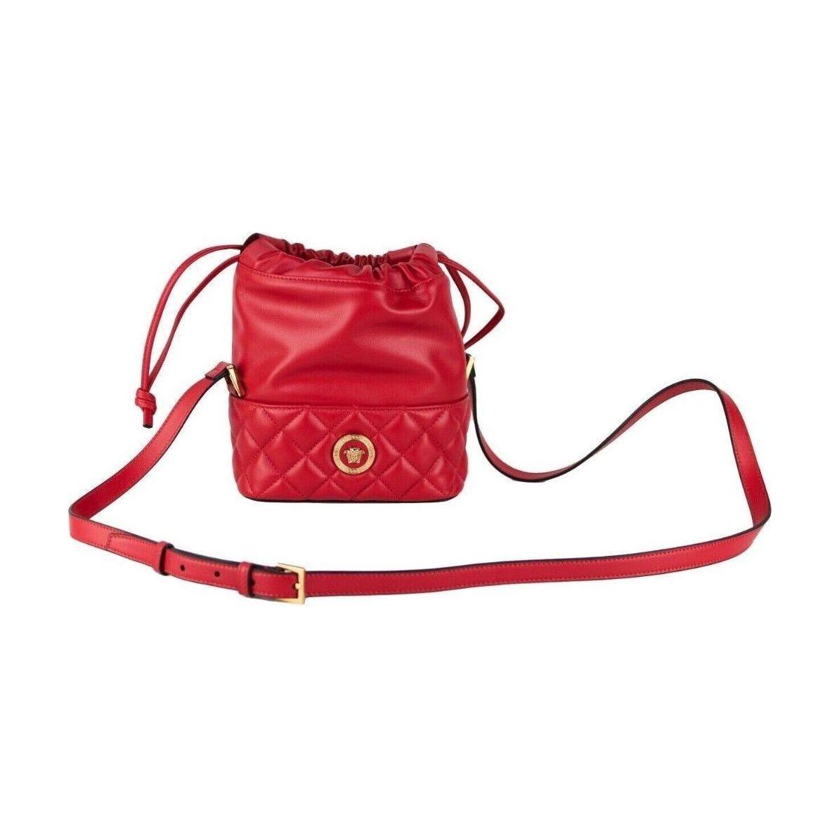 Luxour, Versace Red Quilted Leather Drawstring Shoulder Bag Bucket Crossbody Handbag, 