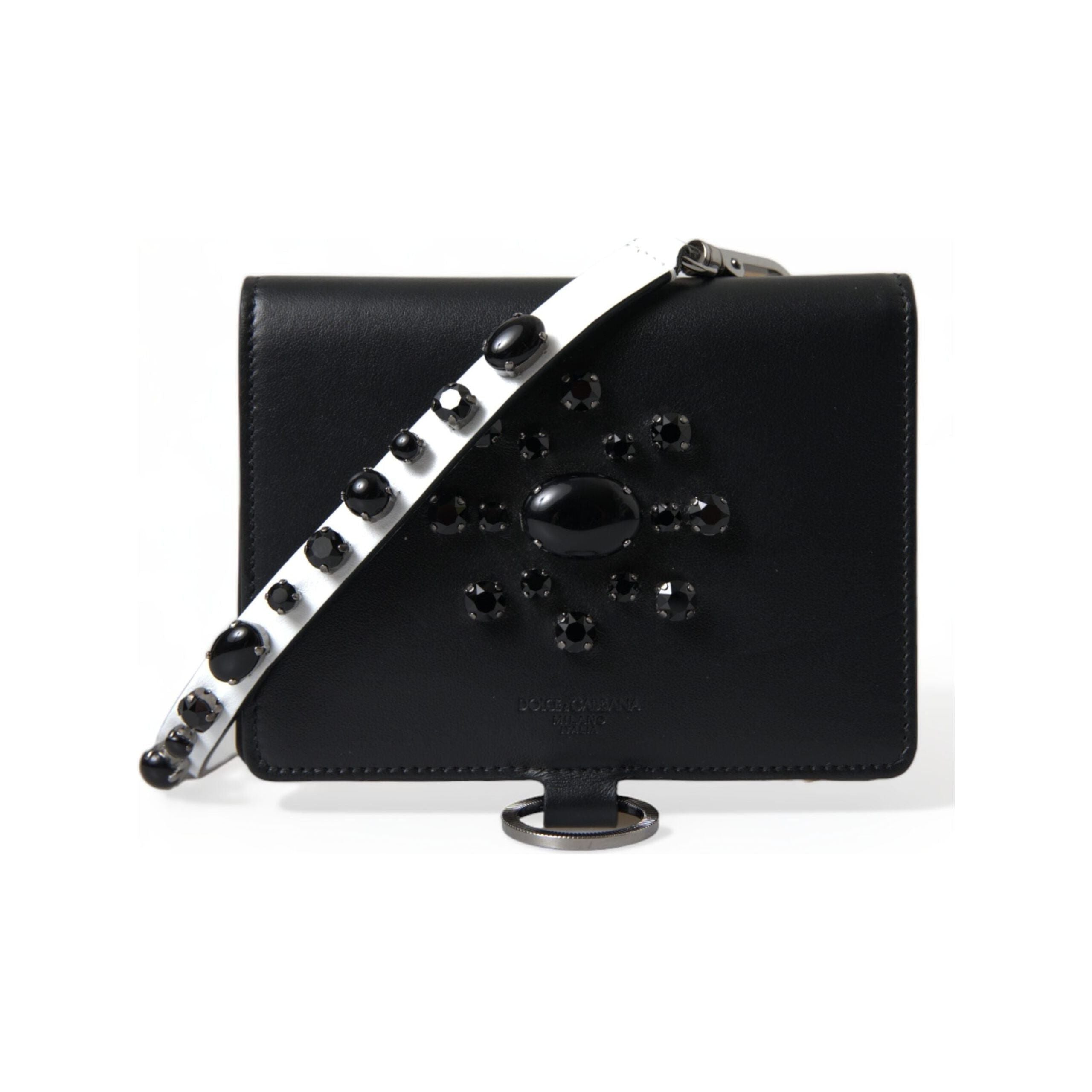 Luxour, Dolce & Gabbana Elegant Black Leather Crystal Card Holder Wallet, 