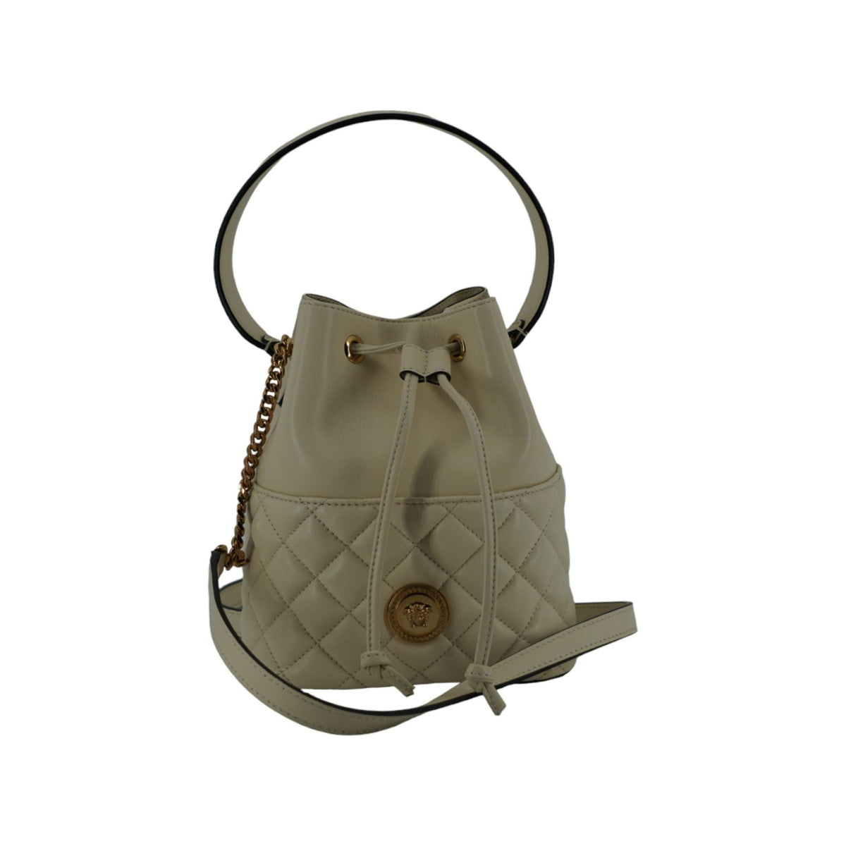 Luxour, Versace Elegant Small White Leather Bucket Shoulder Bag, 