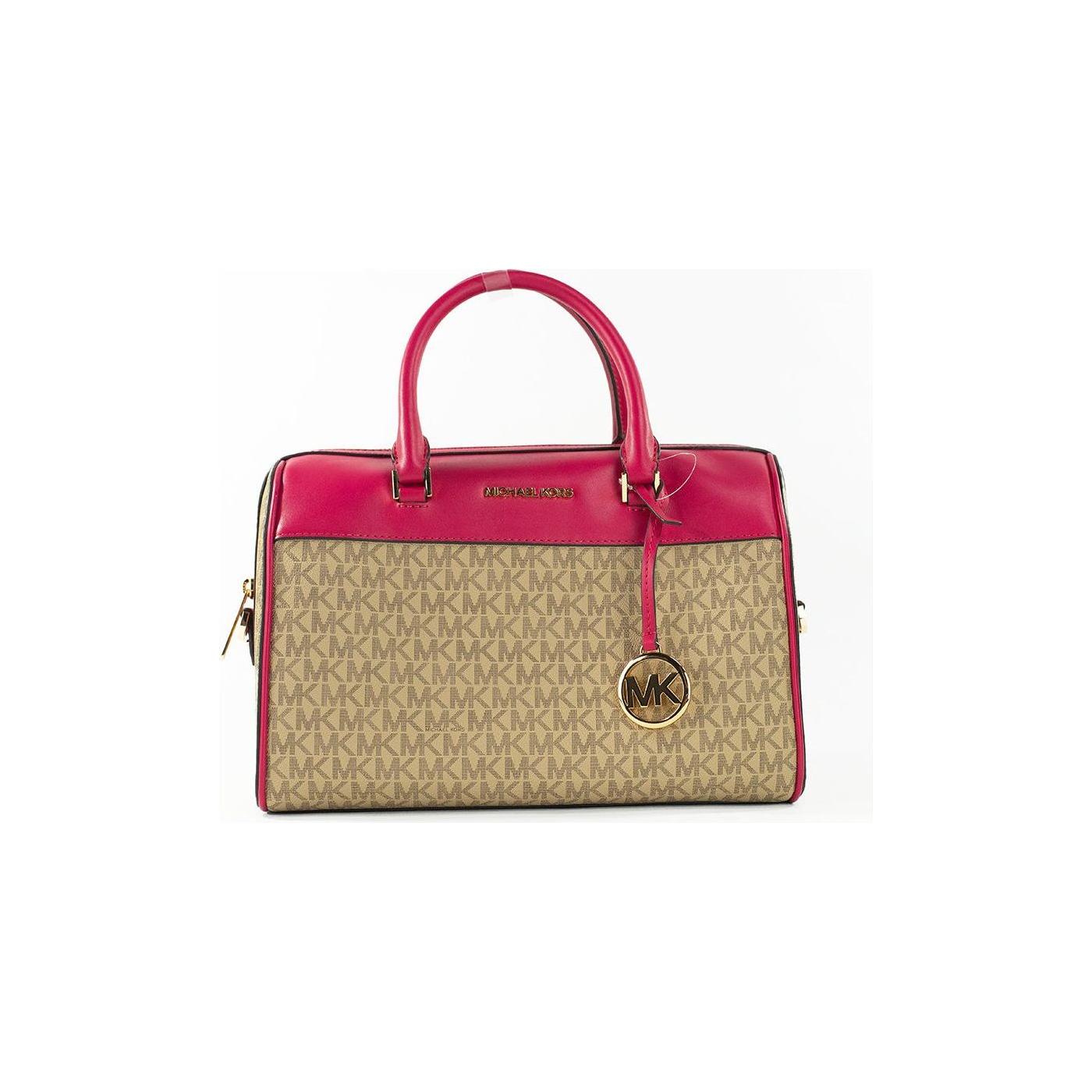Luxour, Michael Kors Travel Medium Carmine Pink Signature PVC Duffle Crossbody Bag Purse, 
