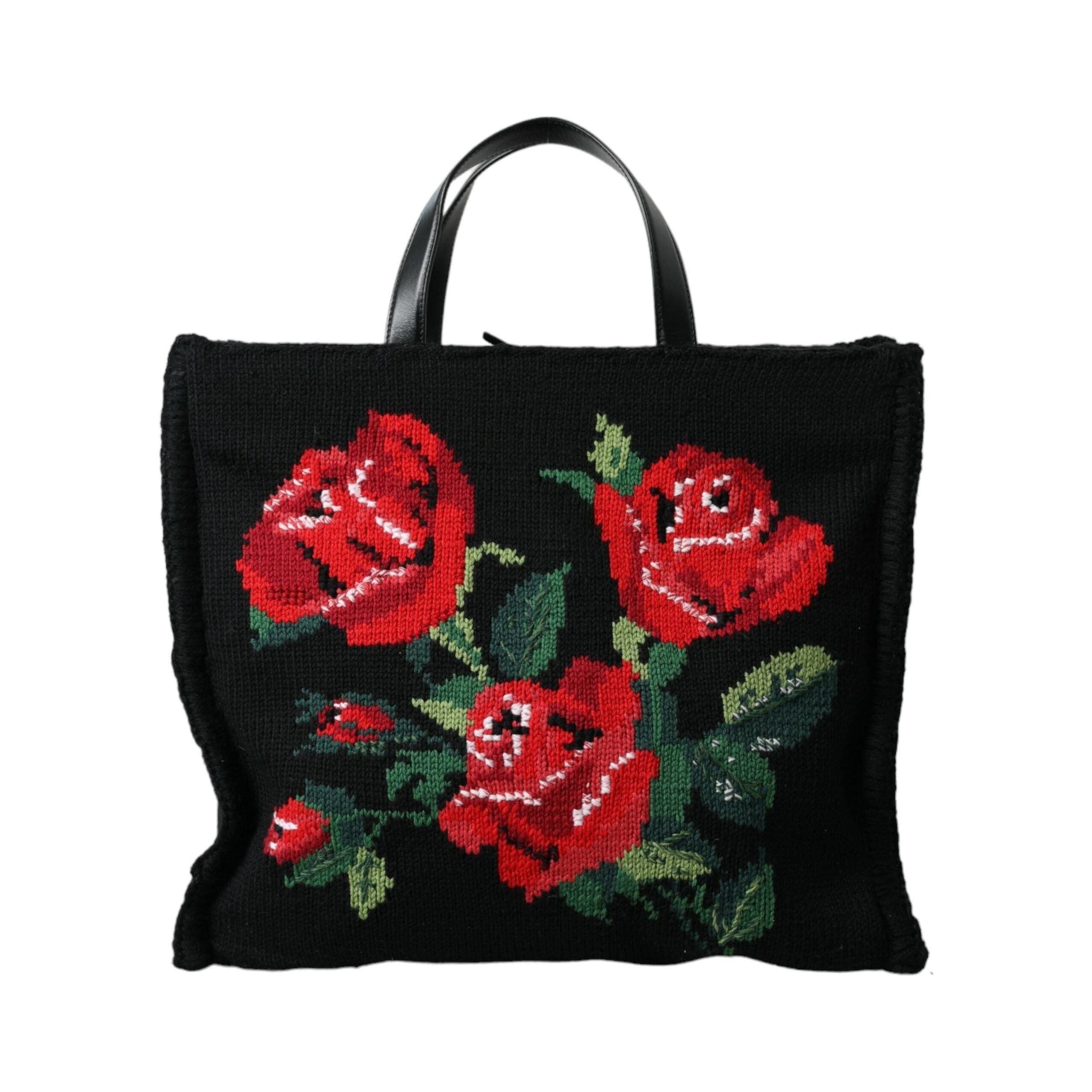 Luxour, Dolce & Gabbana Chic Embroidered Floral Black Tote, 