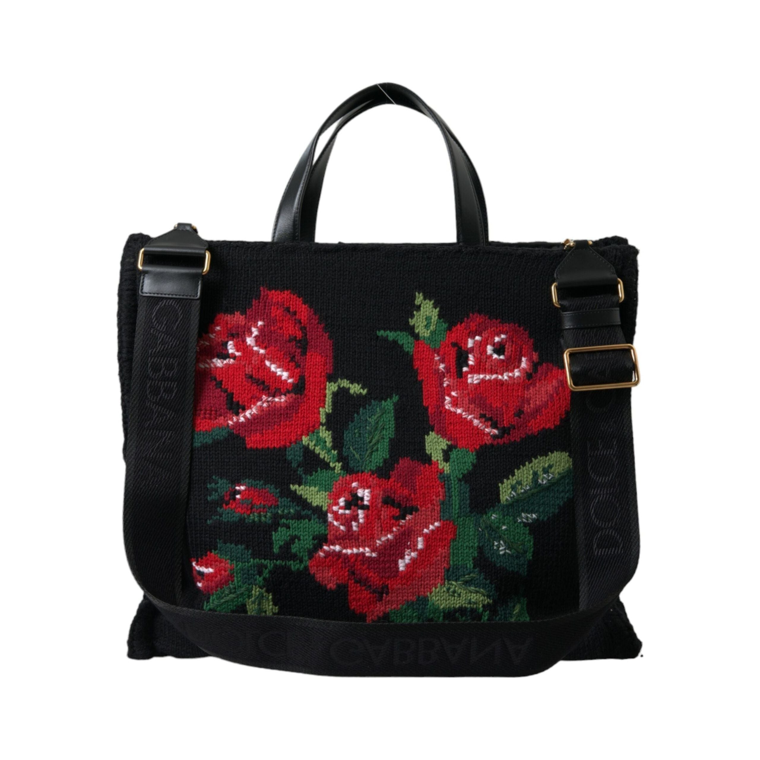 Luxour, Dolce & Gabbana Chic Embroidered Floral Black Tote, 