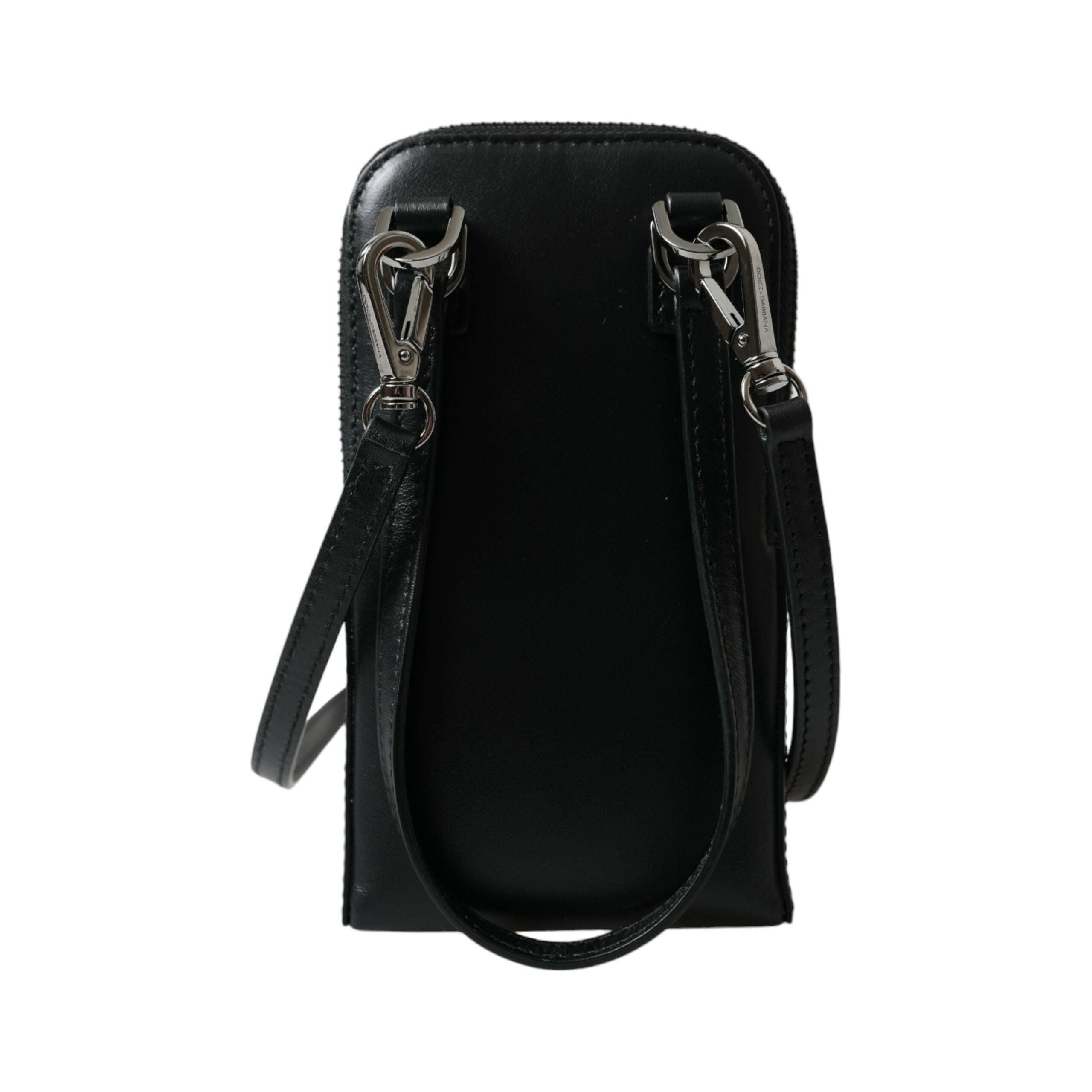 Luxour, Dolce & Gabbana Black Leather Zip Around Logo Print Lanyard Strap Wallet, 