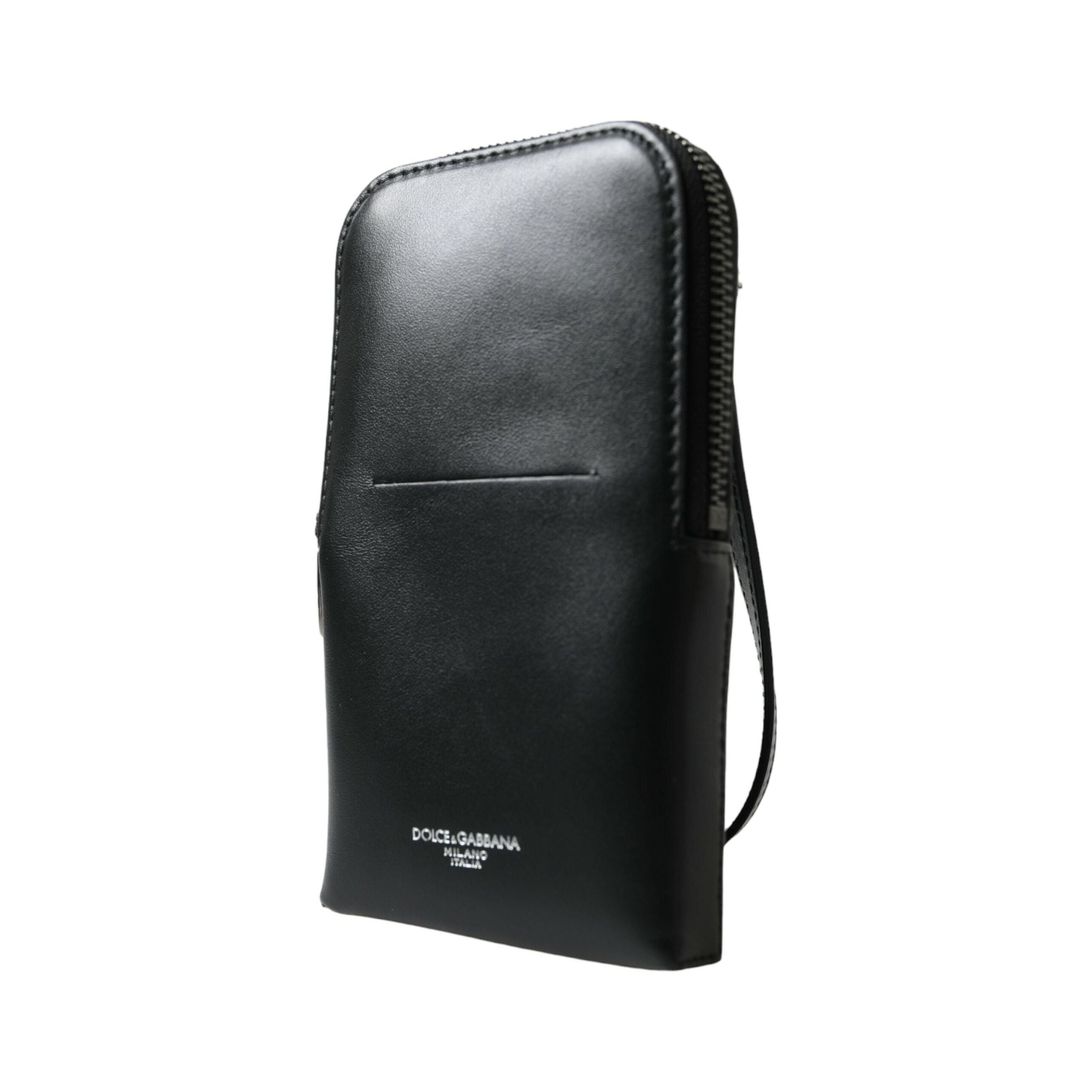 Luxour, Dolce & Gabbana Black Leather Zip Around Logo Print Lanyard Strap Wallet, 