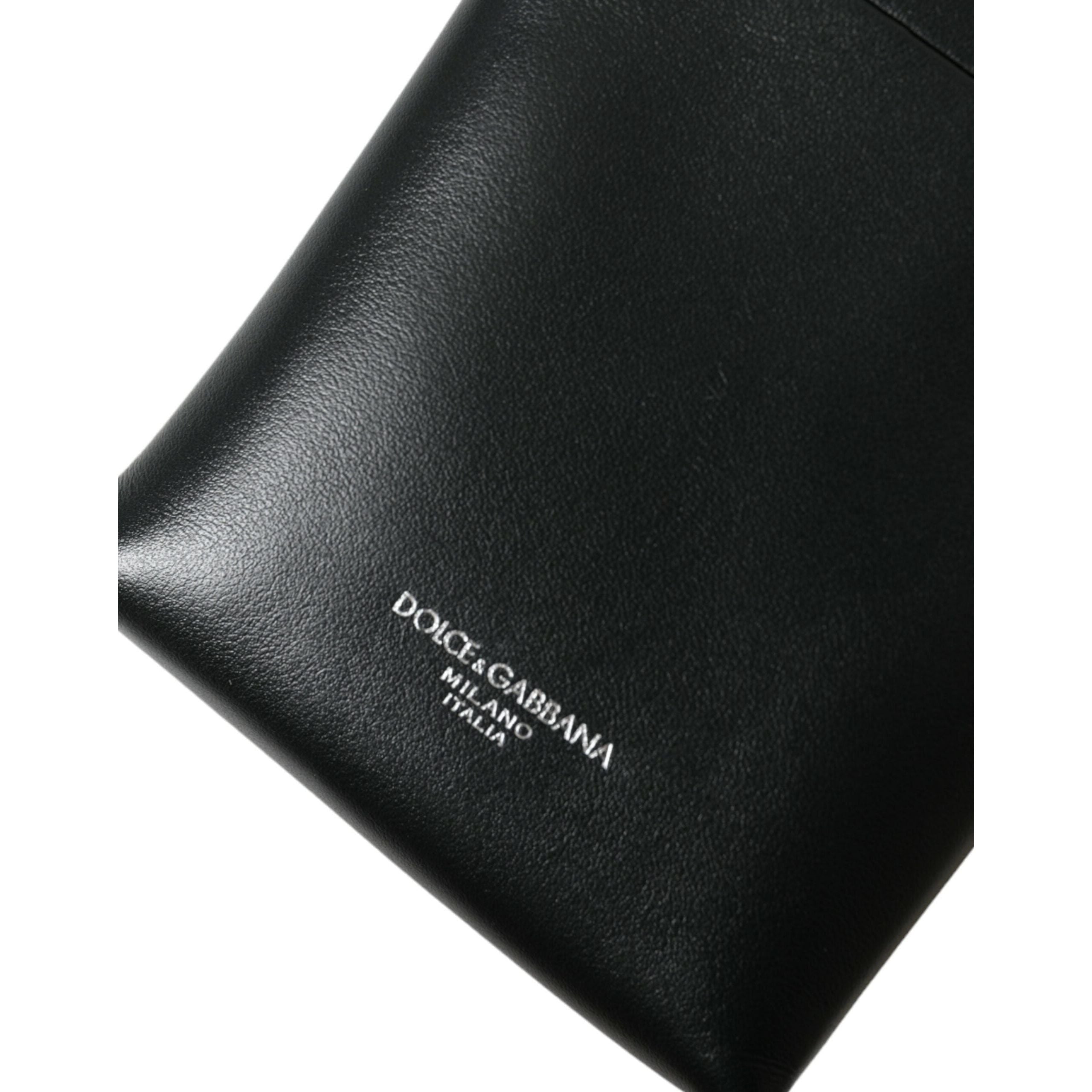 Luxour, Dolce & Gabbana Black Leather Zip Around Logo Print Lanyard Strap Wallet, 