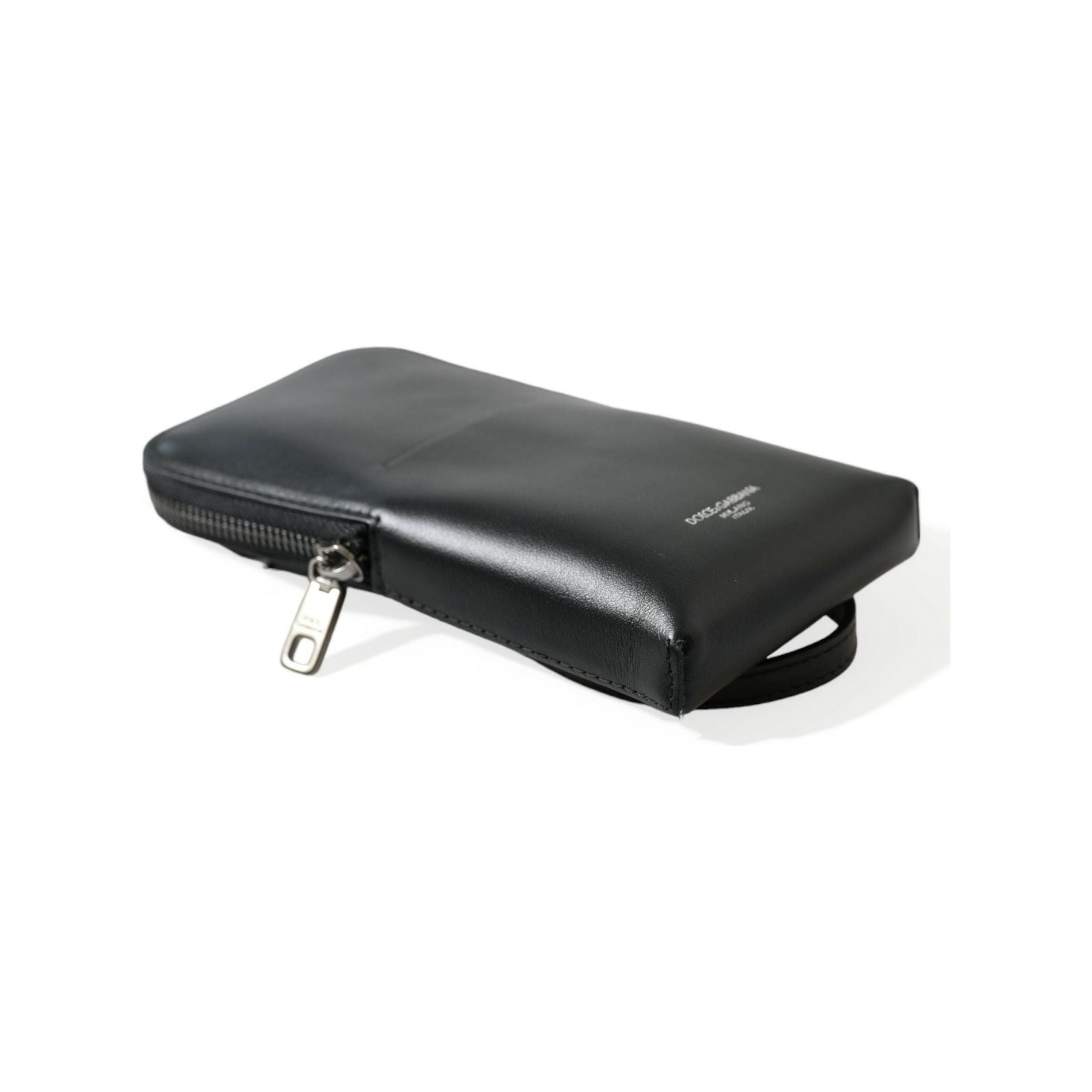 Luxour, Dolce & Gabbana Black Leather Zip Around Logo Print Lanyard Strap Wallet, 