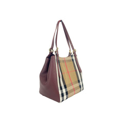 Luxour, Burberry Small Canterby Mahogany Leather Check Canvas Tote Bag Purse, 