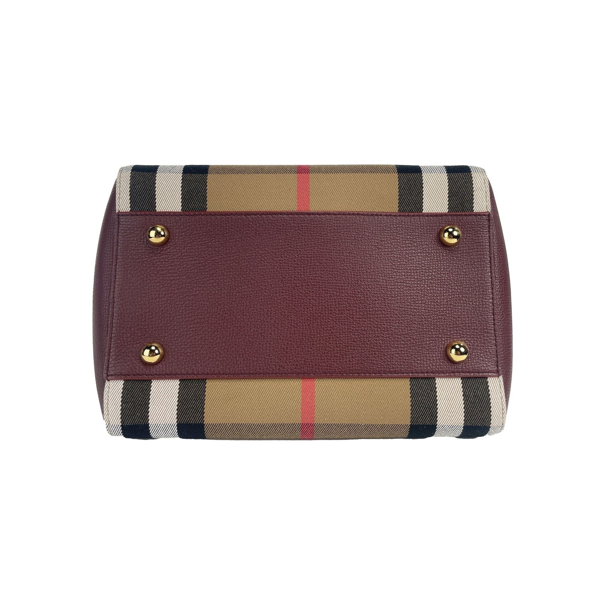 Luxour, Burberry Small Canterby Mahogany Leather Check Canvas Tote Bag Purse, 