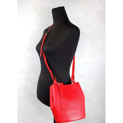 Luxour, Burberry Lorne Small Red Pebbled Leather Bucket Crossbody Purse Bag, 