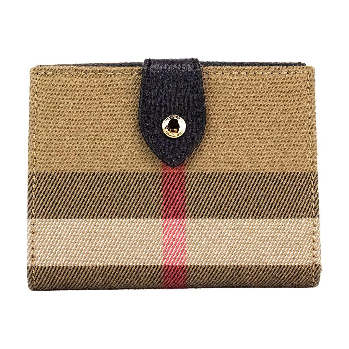 Luxour, Burberry Luna Black Grained Leather House Check Canvas Coin Pouch Snap Wallet, 