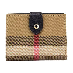 Luxour, Burberry Luna Black Grained Leather House Check Canvas Coin Pouch Snap Wallet, 