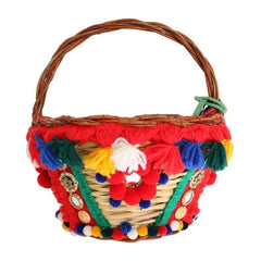 Luxour, Dolce & Gabbana Elegant Beige Straw & Exotic Skins Pom Pom Tote, 