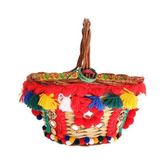 Luxour, Dolce & Gabbana Elegant Beige Straw & Exotic Skins Pom Pom Tote, 