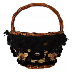 Luxour, Dolce & Gabbana Black Beige Straw Basket Tote Pom Pom Crystals Bag, 