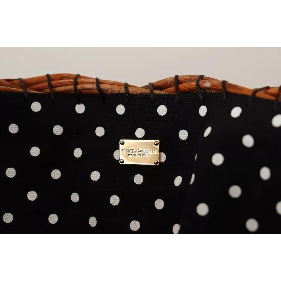 Luxour, Dolce & Gabbana Black Beige Straw Basket Tote Pom Pom Crystals Bag, 