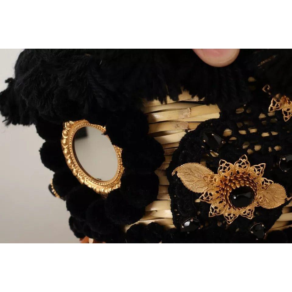 Luxour, Dolce & Gabbana Black Beige Straw Basket Tote Pom Pom Crystals Bag, 