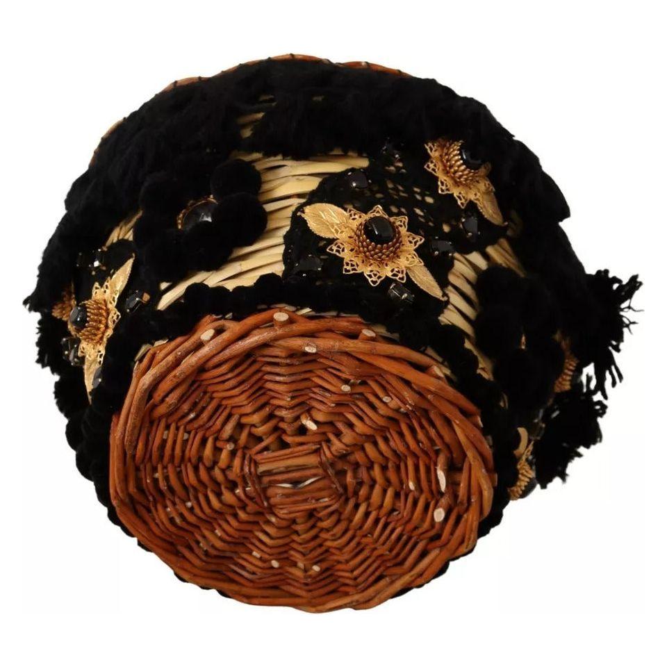 Luxour, Dolce & Gabbana Black Beige Straw Basket Tote Pom Pom Crystals Bag, 