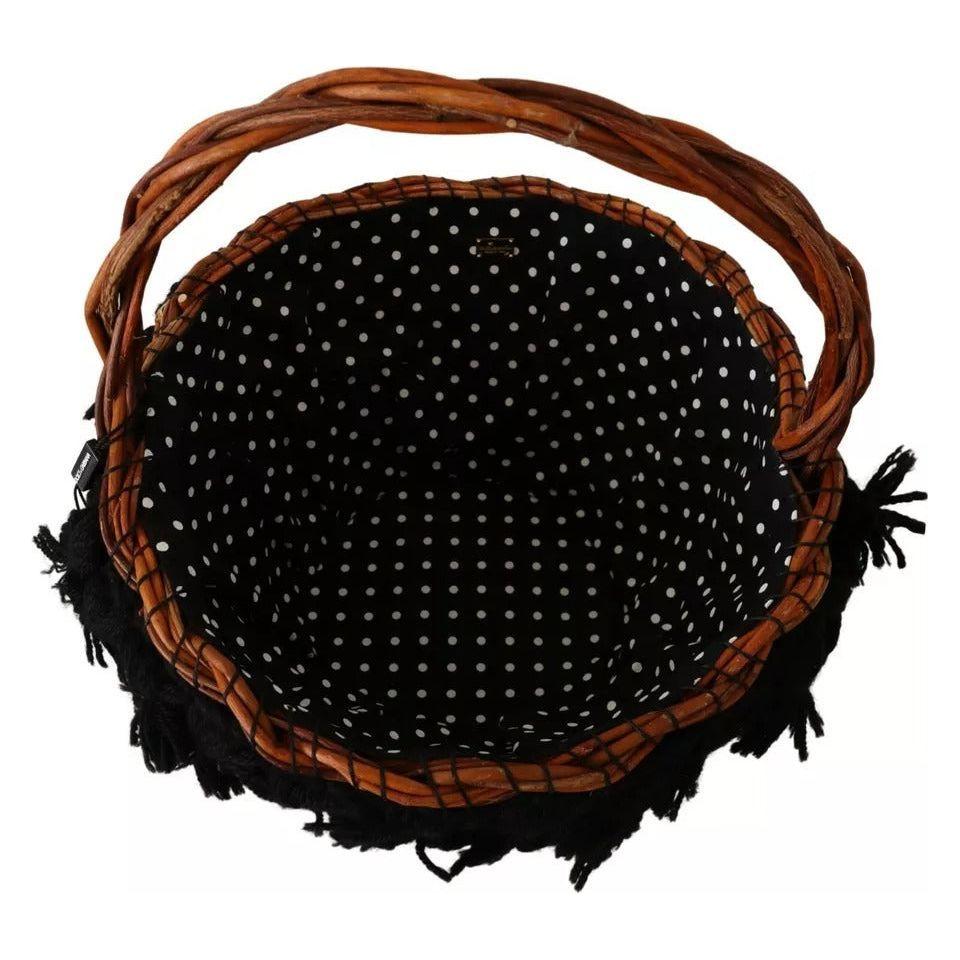Luxour, Dolce & Gabbana Black Beige Straw Basket Tote Pom Pom Crystals Bag, 