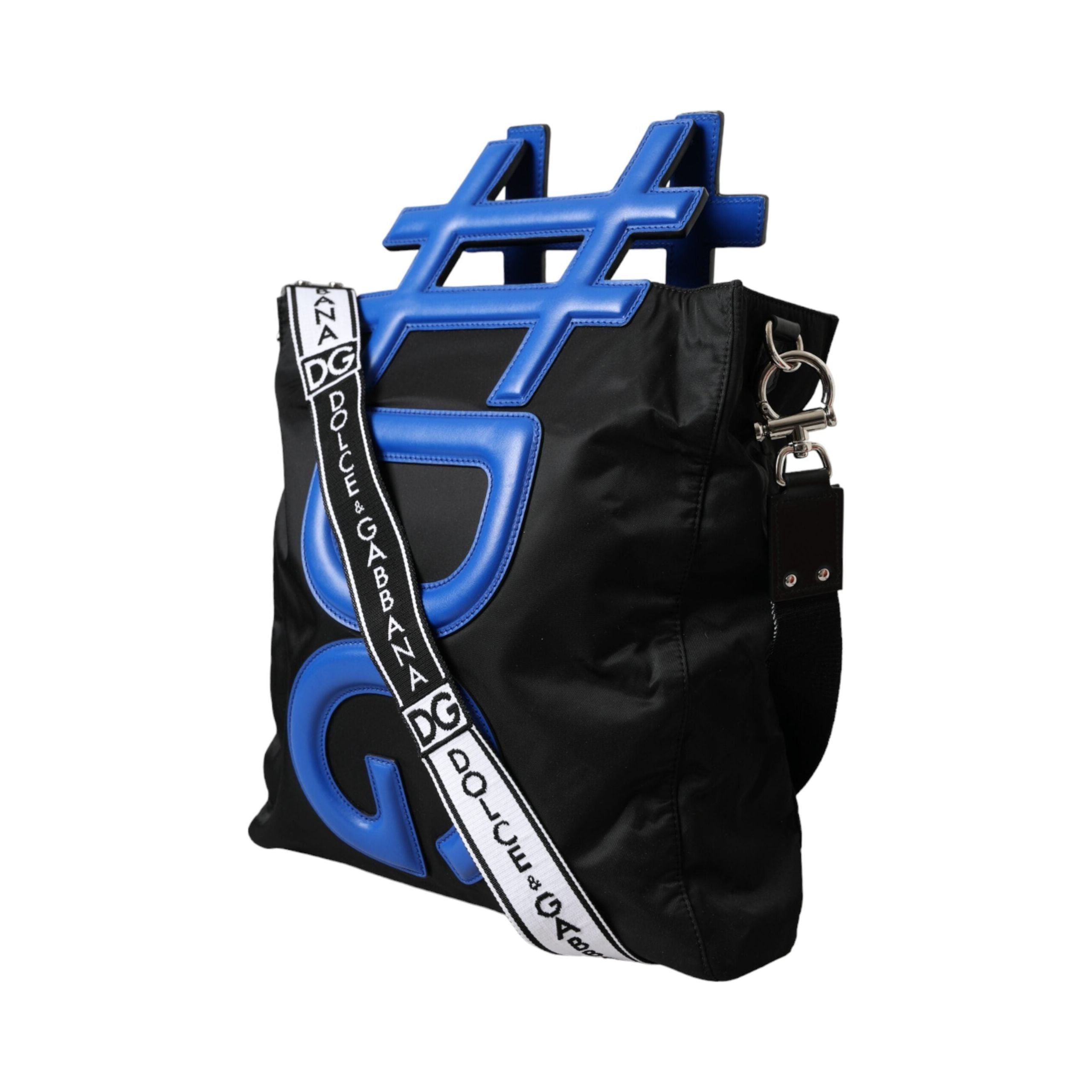 Luxour, Dolce & Gabbana Black Nylon Blue Leather Hashtag Shopping Tote Bag, 