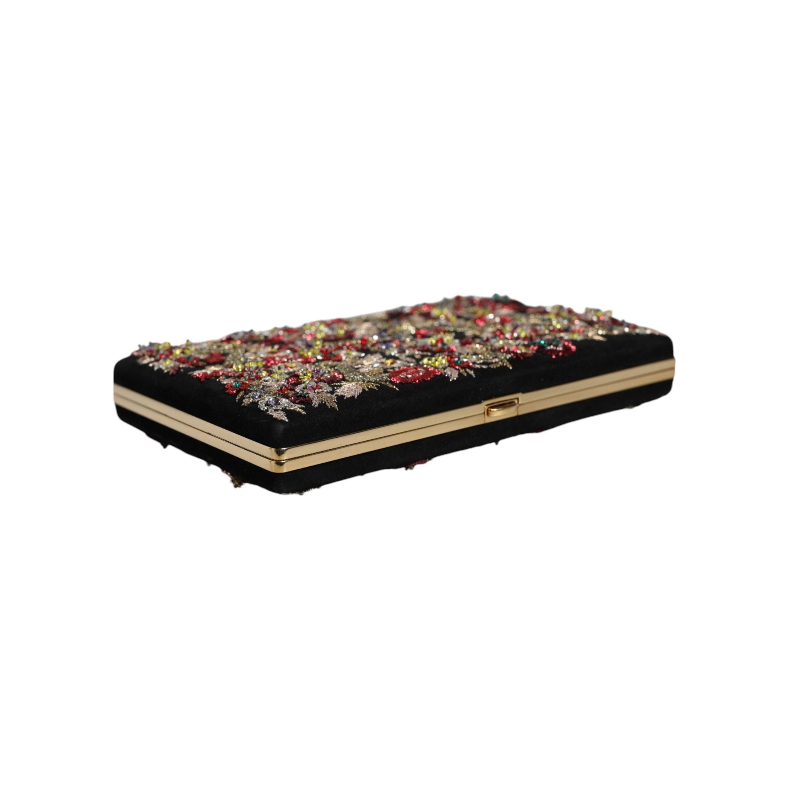 Luxour, Dolce & Gabbana Multicolor Floral Gold Frame Clutch Evening Purse Bag, 