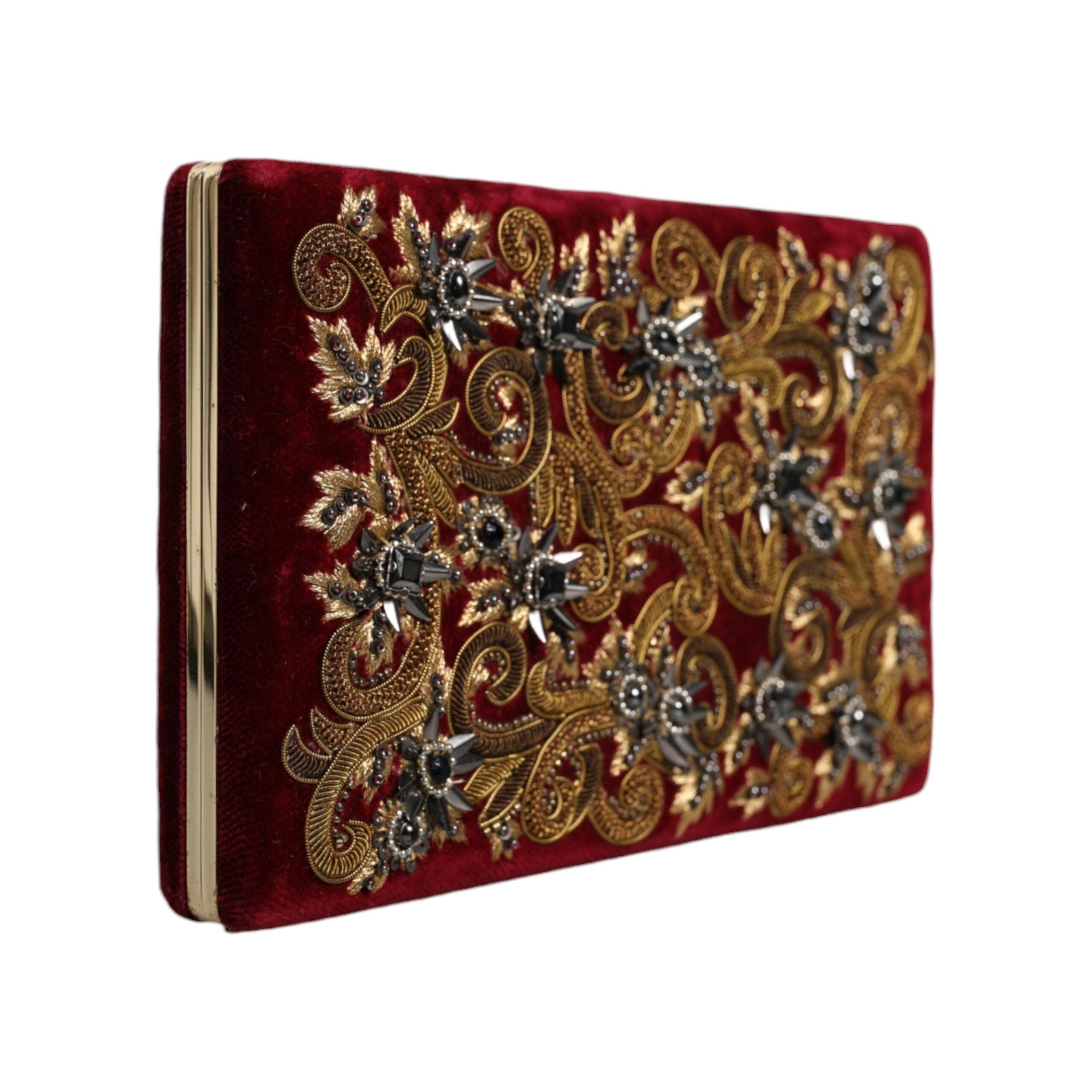 Luxour, Dolce & Gabbana Red Velvet Gold Frame Clutch Evening Party Purse Bag, 