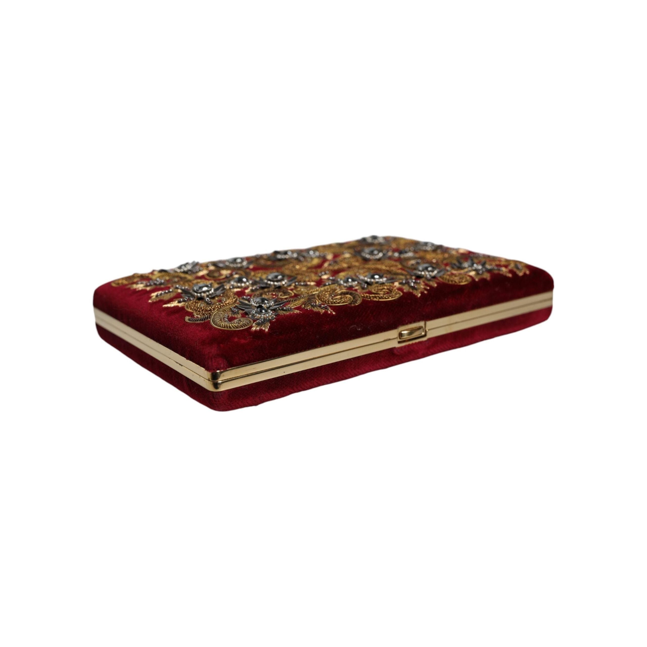 Luxour, Dolce & Gabbana Red Velvet Gold Frame Clutch Evening Party Purse Bag, 