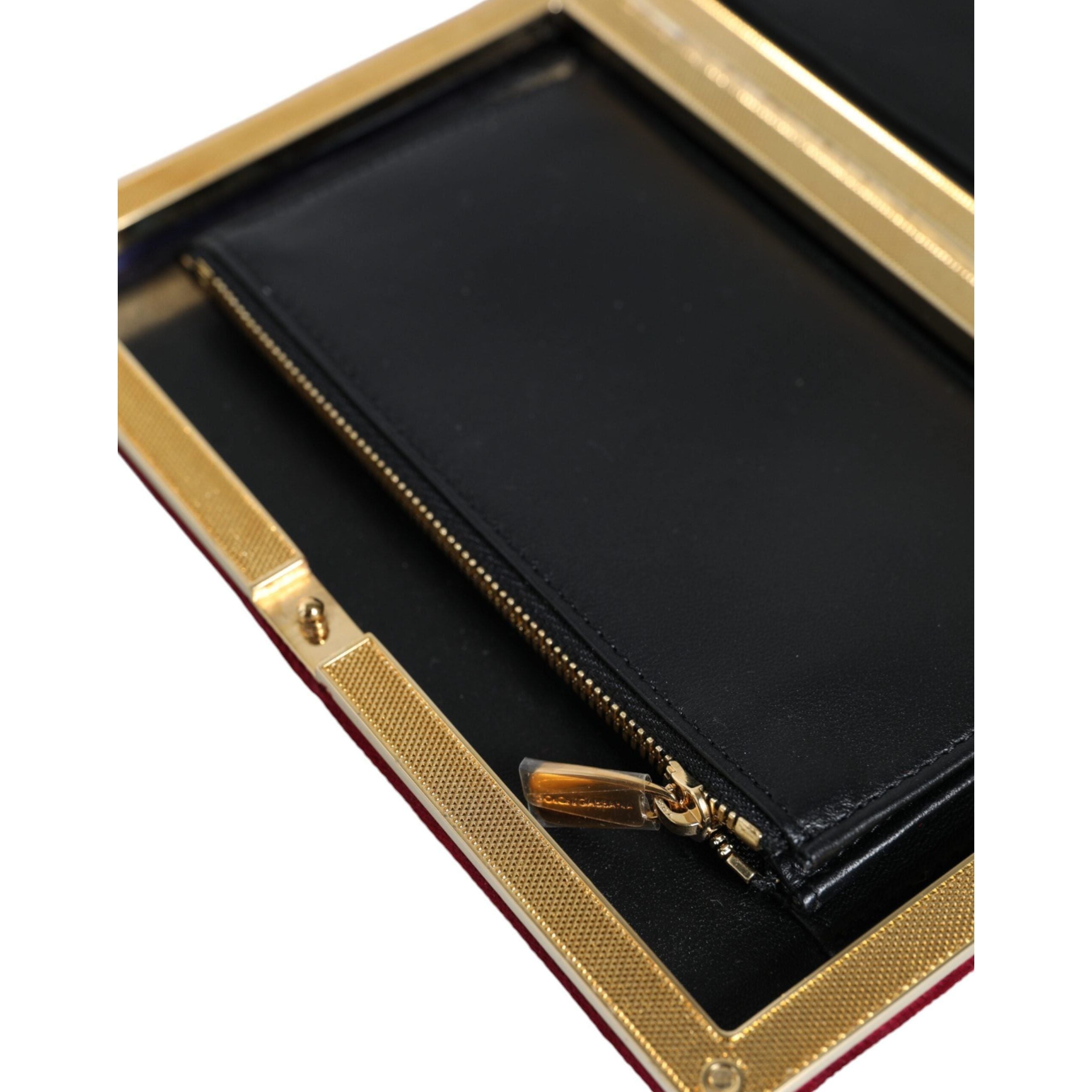 Luxour, Dolce & Gabbana Red Velvet Gold Frame Clutch Evening Party Purse Bag, 