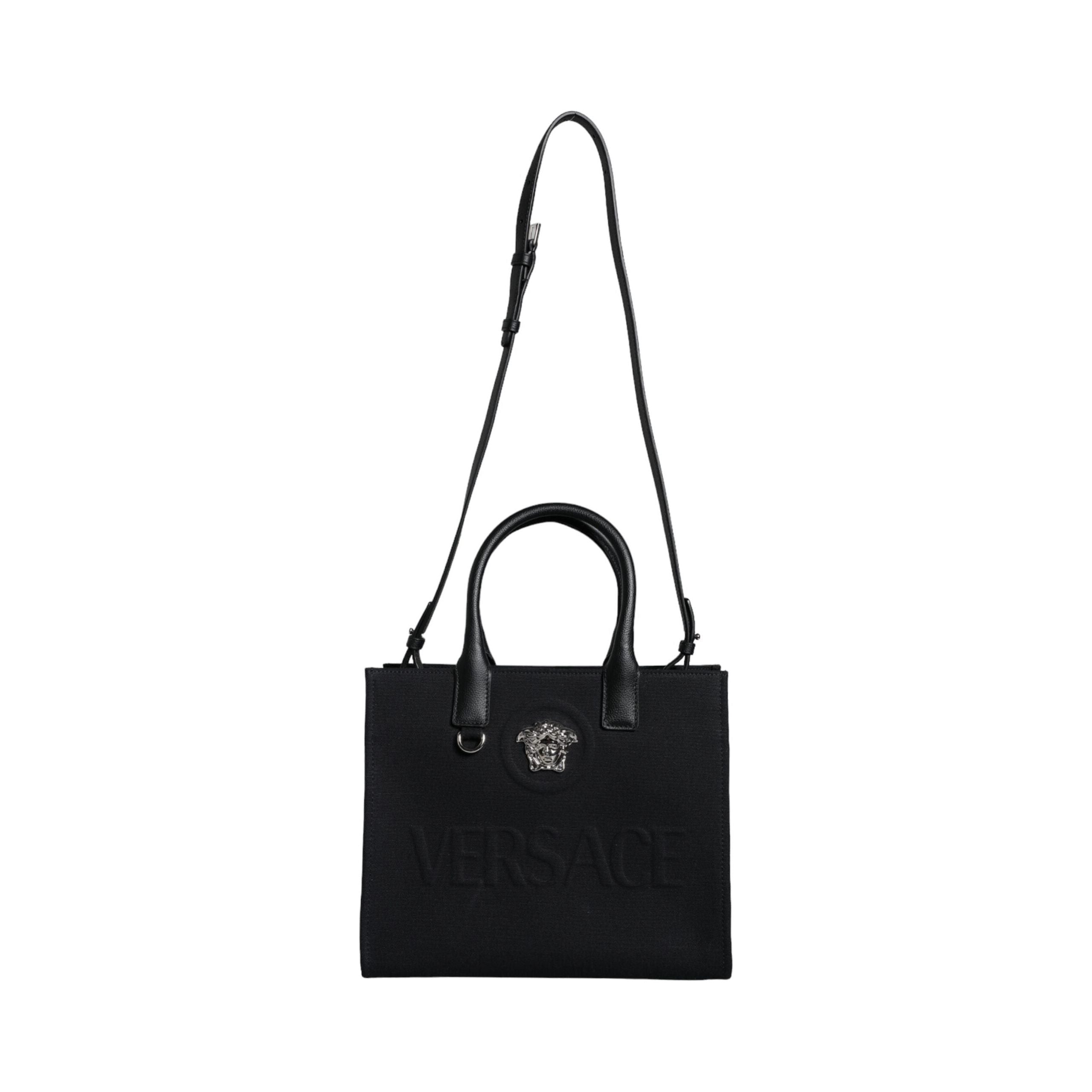 Luxour, Versace Black Top Handle Canvas Leather Logo Crossbody Tote Bag, 