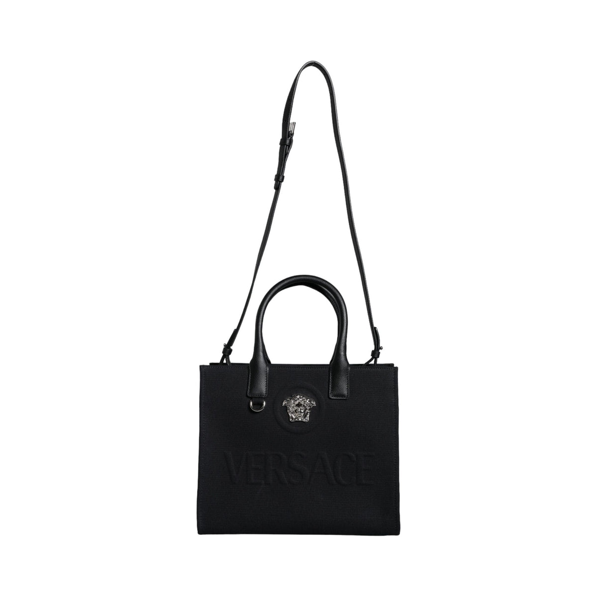 Luxour, Versace Black Top Handle Canvas Leather Logo Crossbody Tote Bag, 