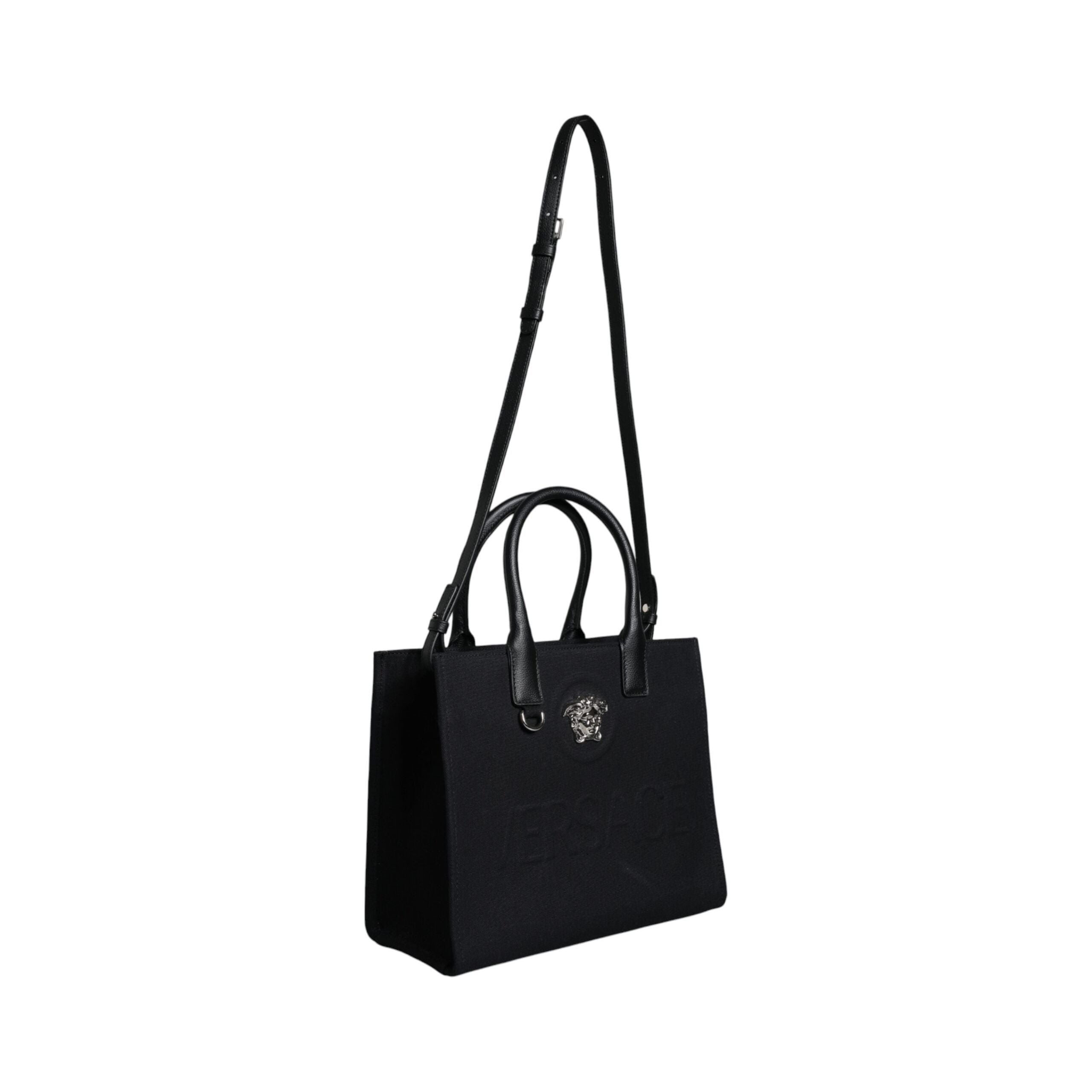Luxour, Versace Black Top Handle Canvas Leather Logo Crossbody Tote Bag, 