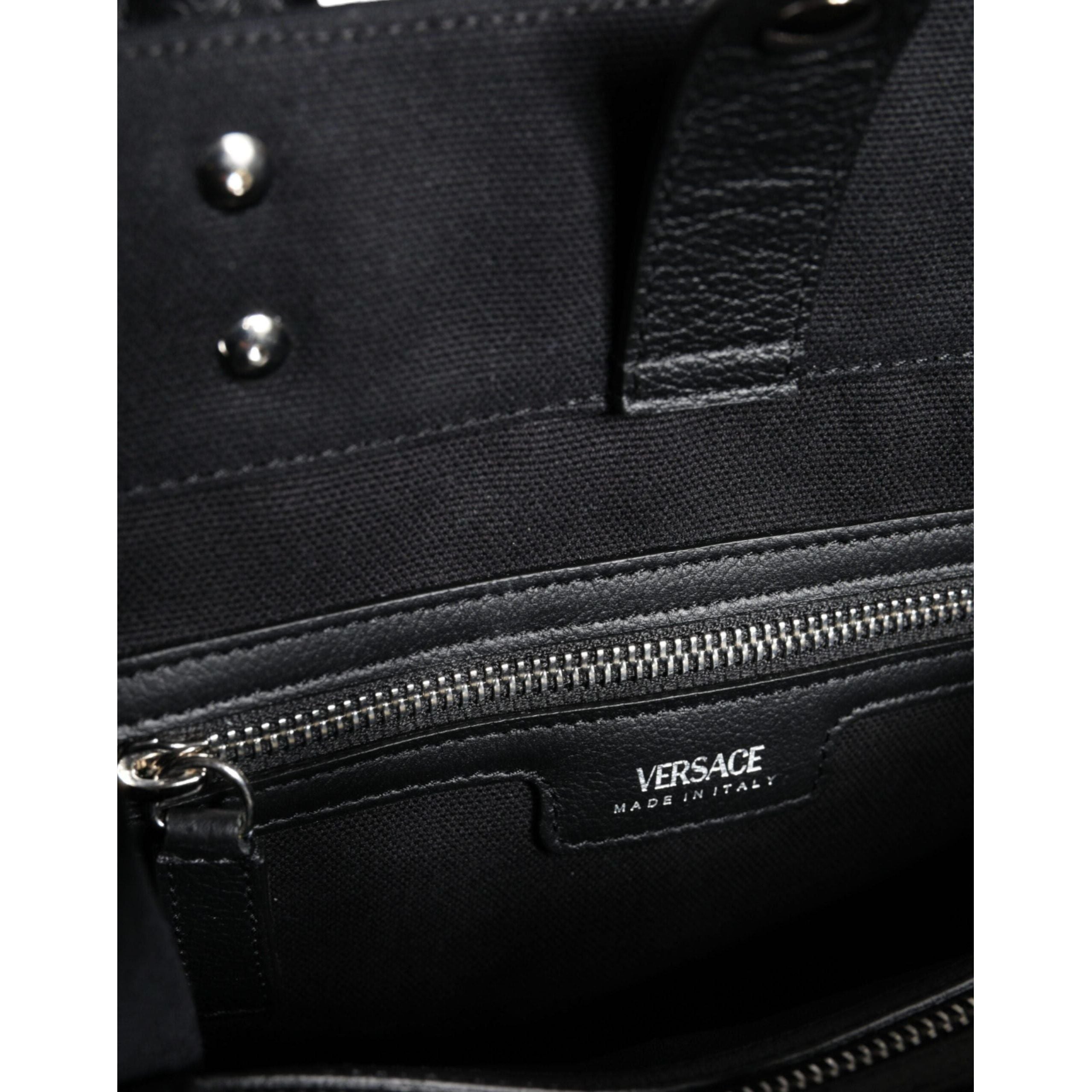 Luxour, Versace Black Top Handle Canvas Leather Logo Crossbody Tote Bag, 
