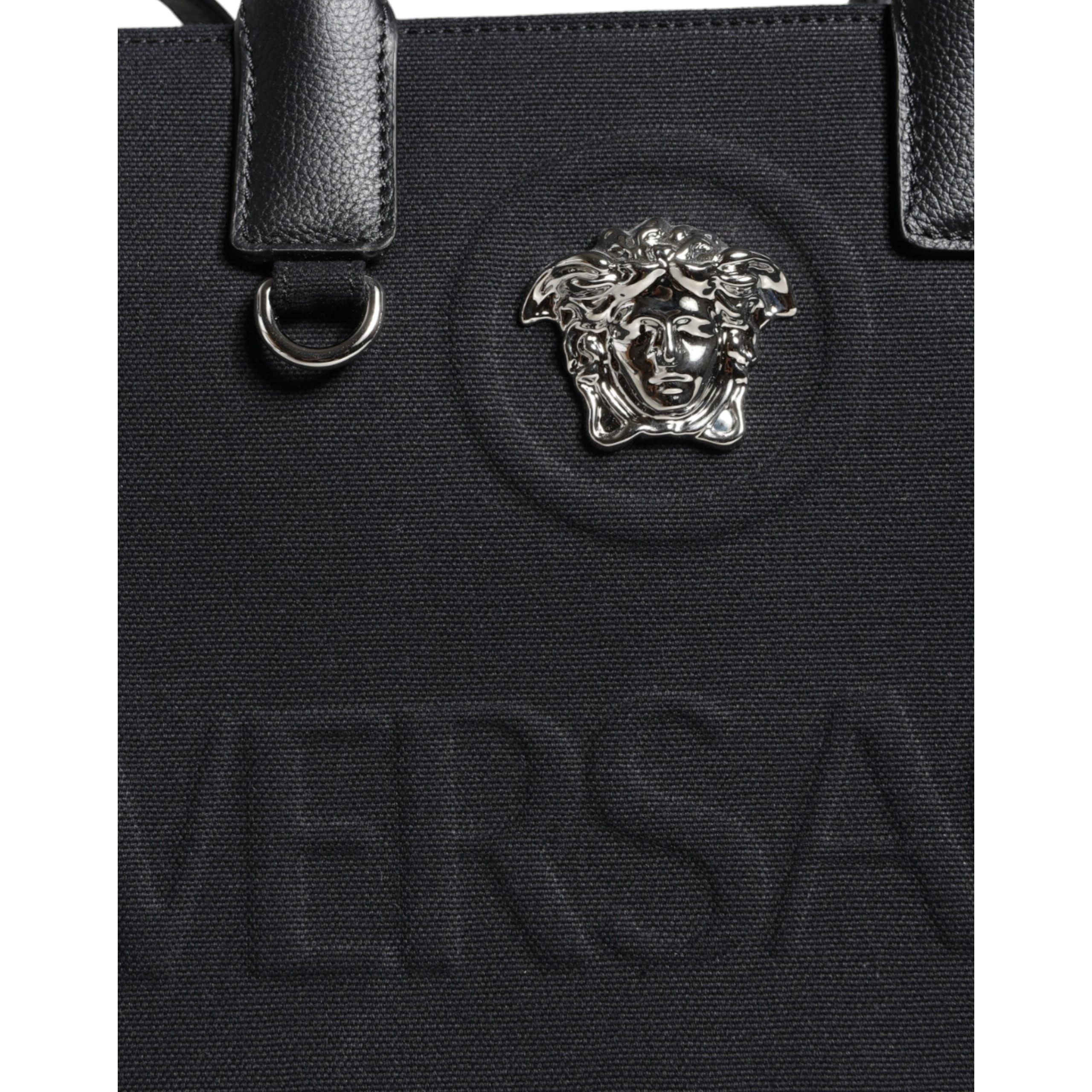 Luxour, Versace Black Top Handle Canvas Leather Logo Crossbody Tote Bag, 
