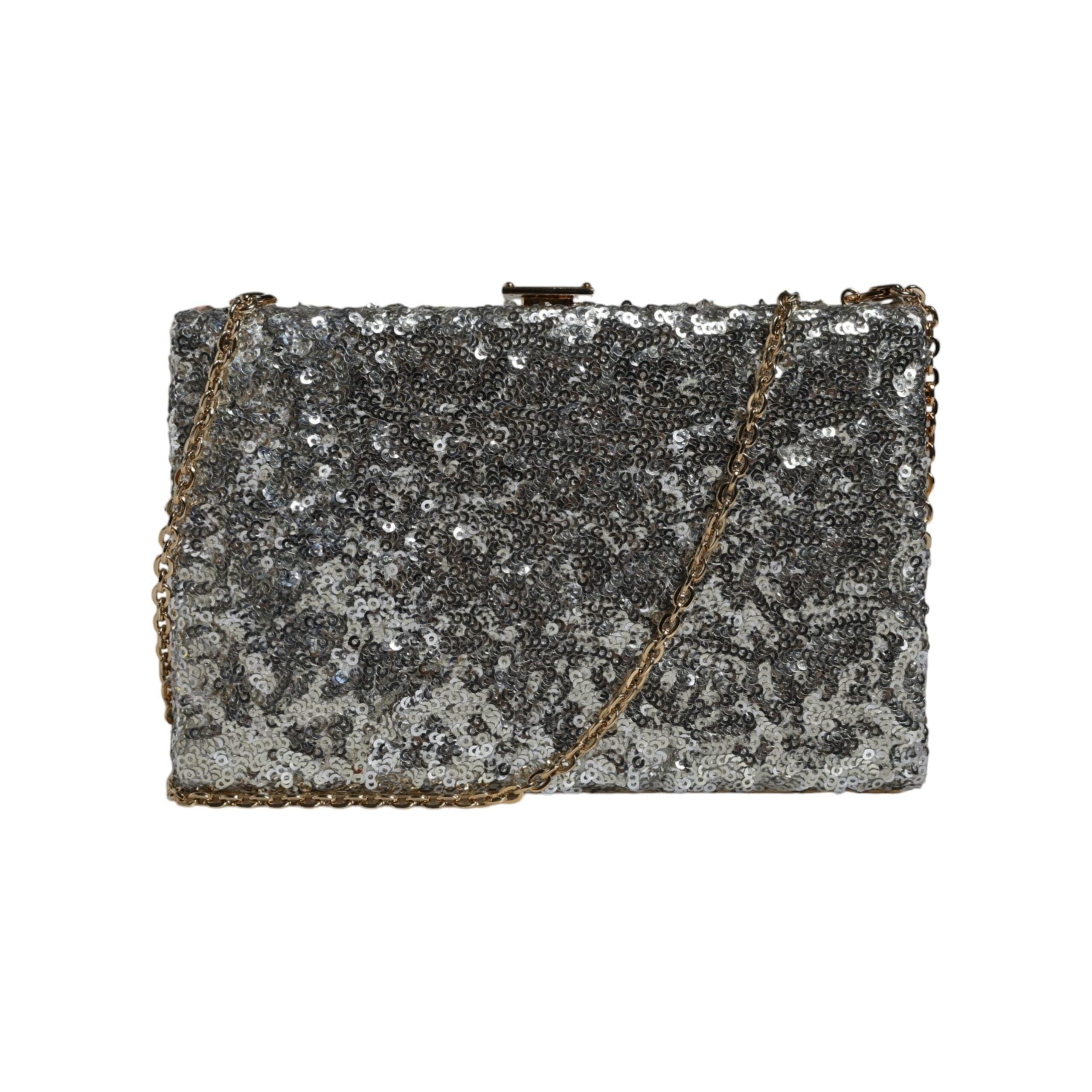 Luxour, Dolce & Gabbana Silver Sequined Clutch Evening Crossbody Bag, 