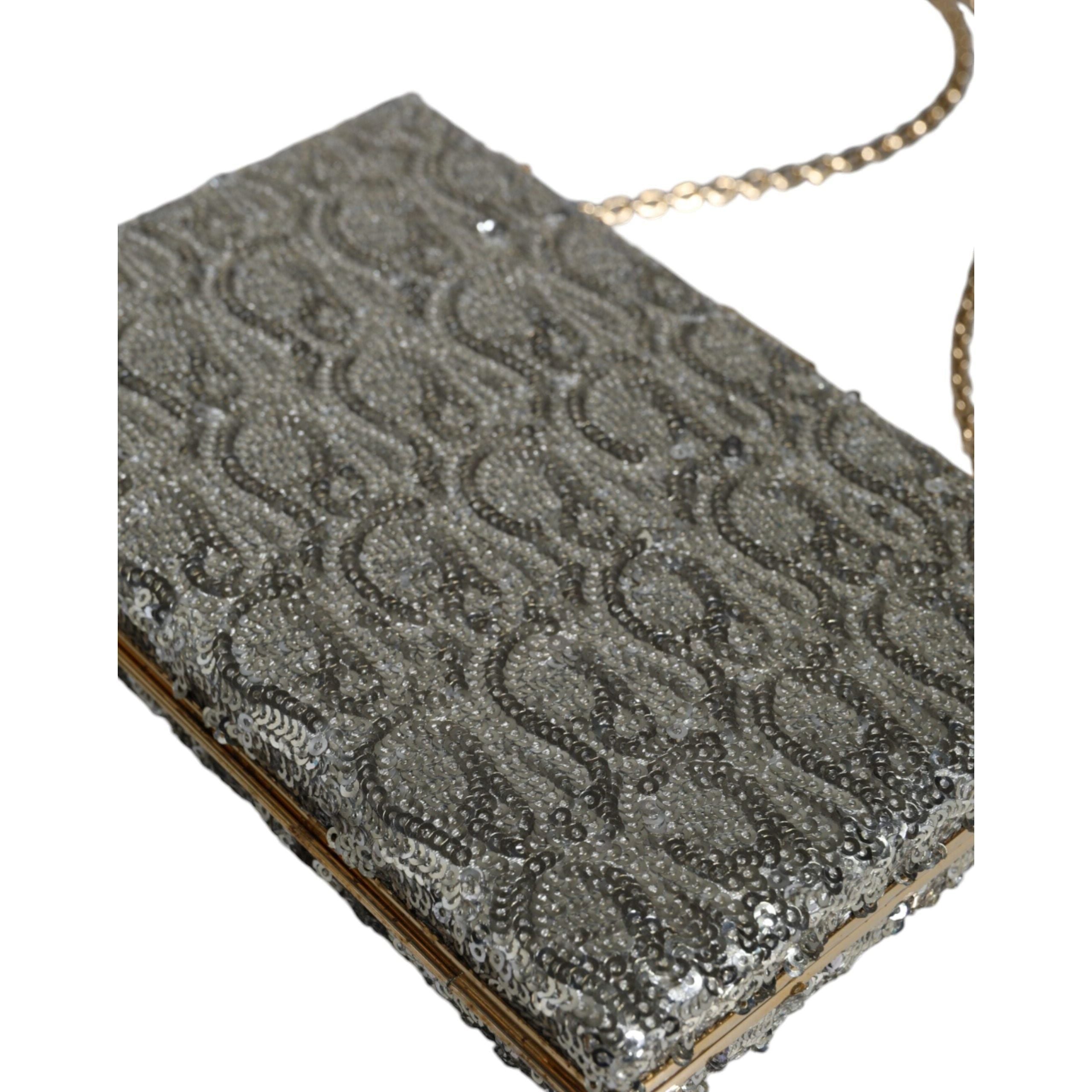 Luxour, Dolce & Gabbana Silver Sequined Clutch Evening Crossbody Bag, 