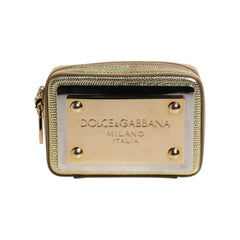 Luxour, Dolce & Gabbana Gold Leather DG Logo Plaque Zip Around Clutch Bag, 