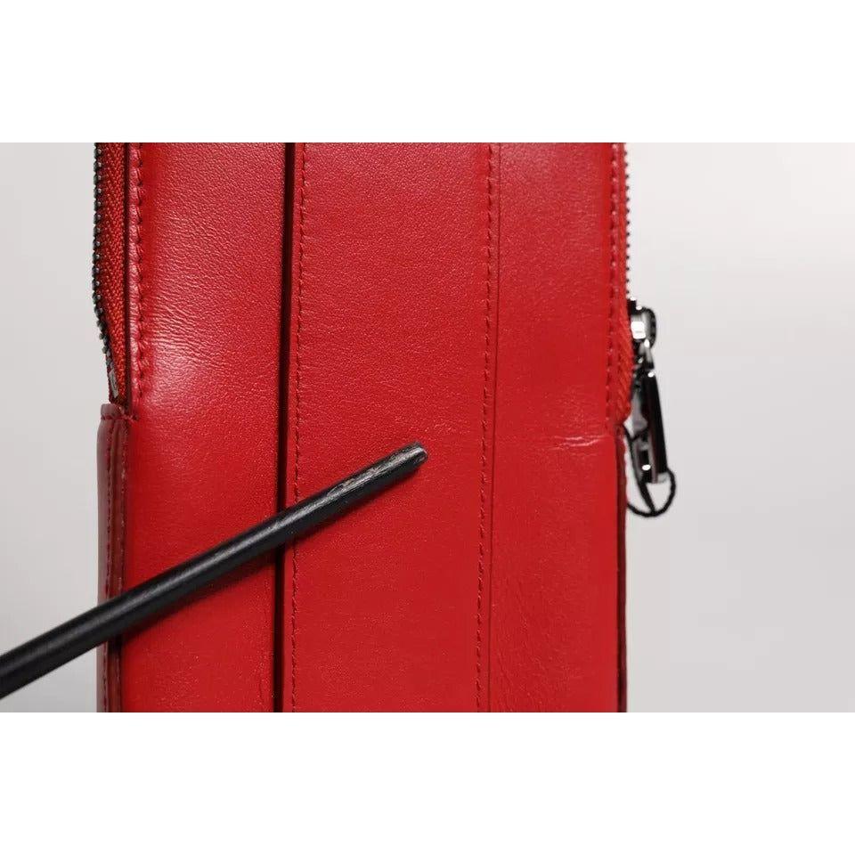 Luxour, Dolce & Gabbana Red Leather Logo Zip Around Card Holder Wide Strap Wallet, 