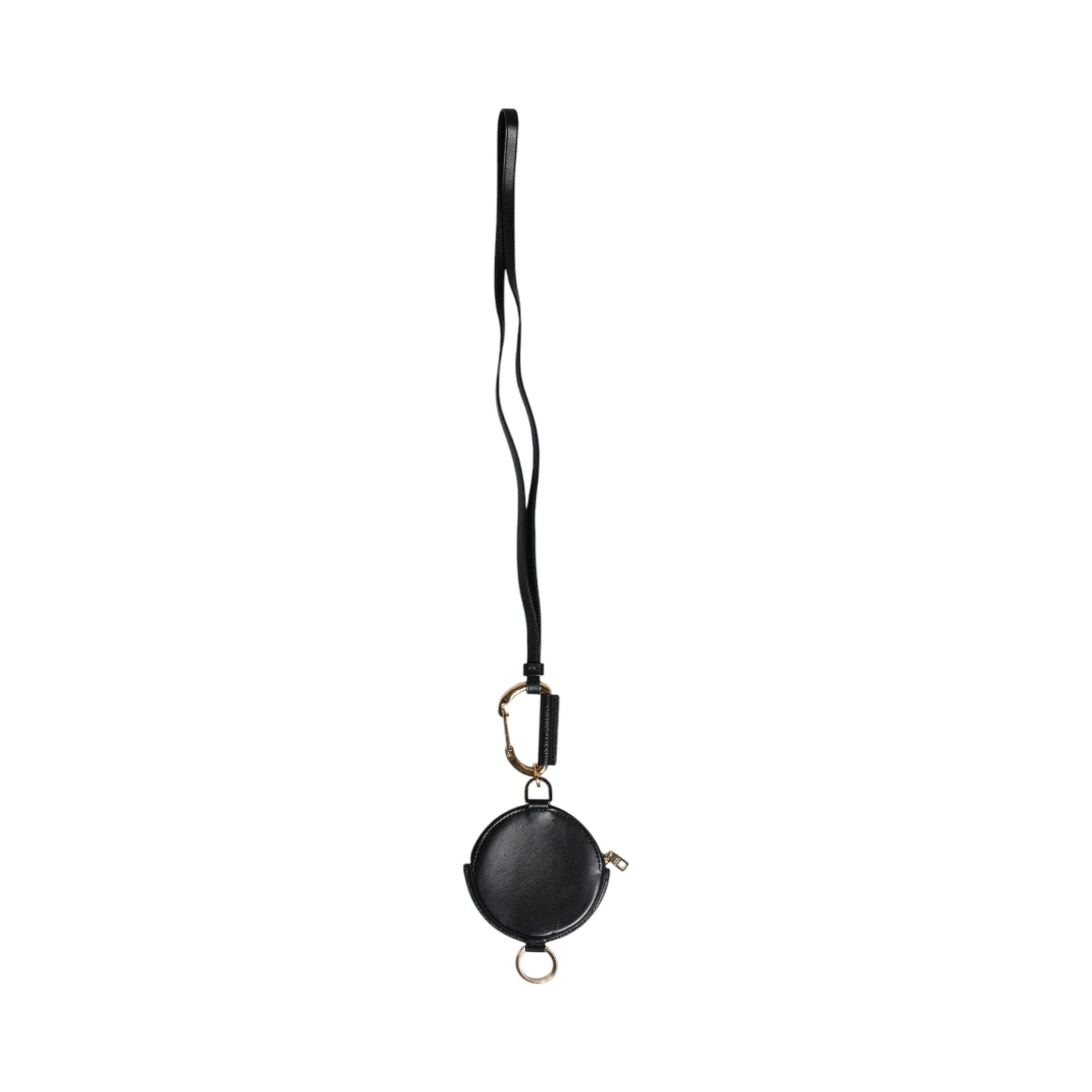 Luxour, Dolce & Gabbana Black Round Leather DG Logo Coin Purse Lanyard Wallet, 