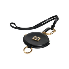 Luxour, Dolce & Gabbana Black Round Leather DG Logo Coin Purse Lanyard Wallet, 