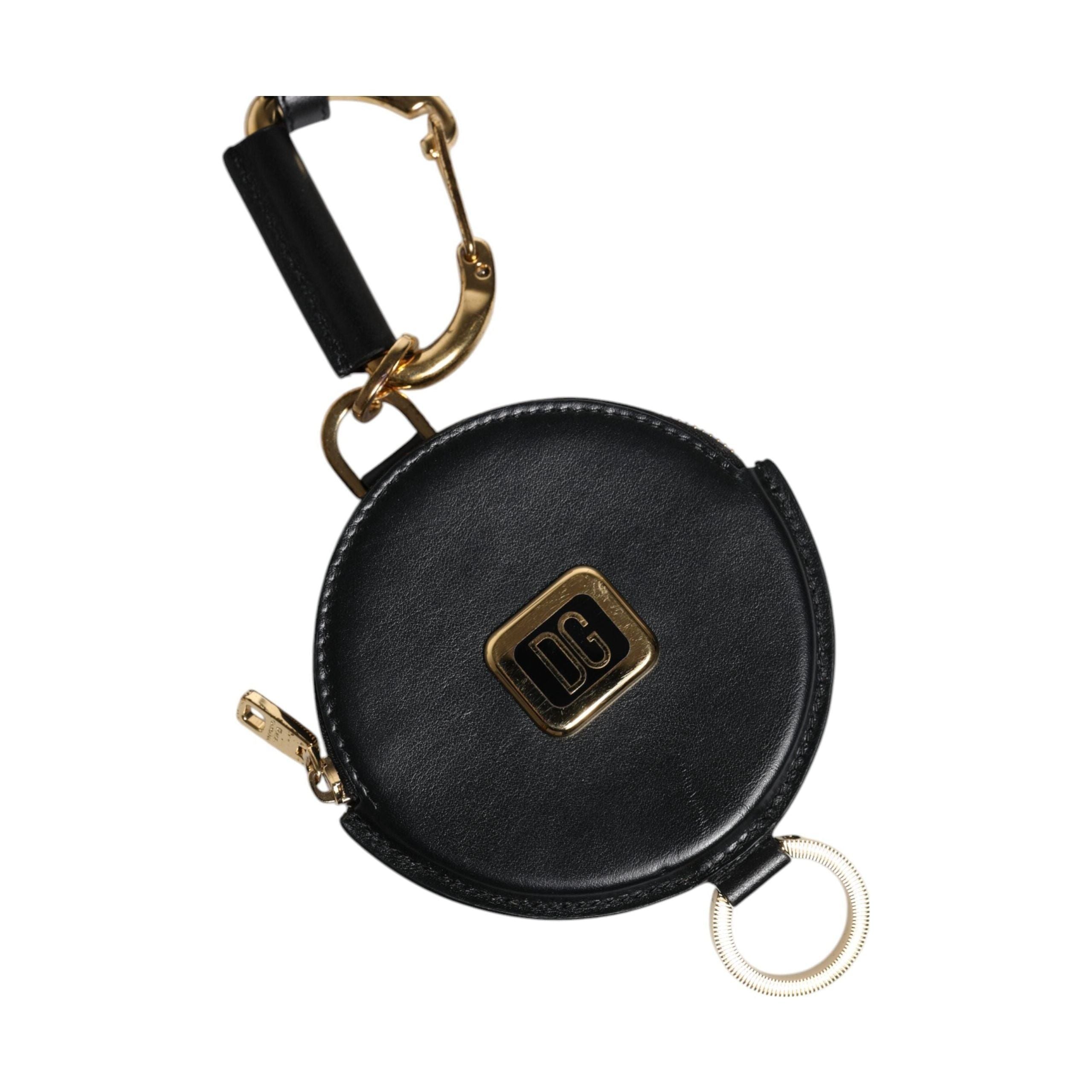Luxour, Dolce & Gabbana Black Round Leather DG Logo Coin Purse Lanyard Wallet, 