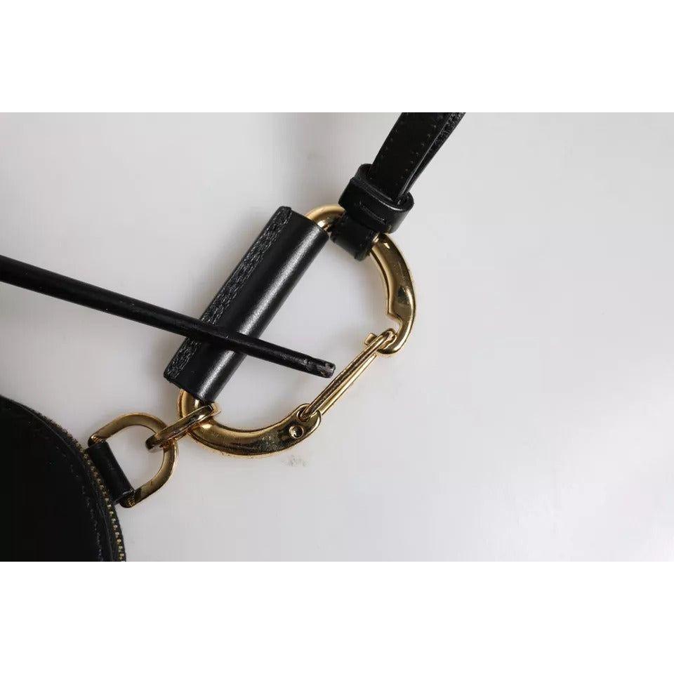 Luxour, Dolce & Gabbana Black Round Leather DG Logo Coin Purse Lanyard Wallet, 
