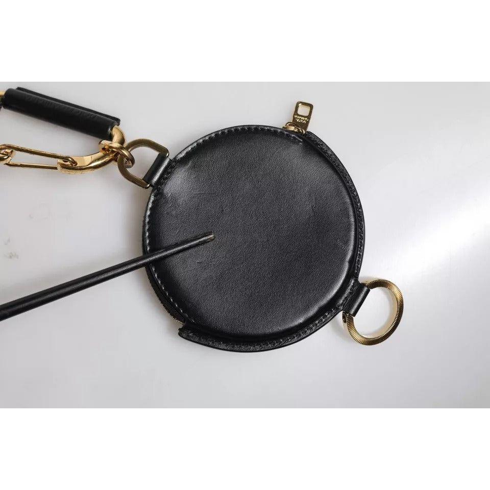 Luxour, Dolce & Gabbana Black Round Leather DG Logo Coin Purse Lanyard Wallet, 