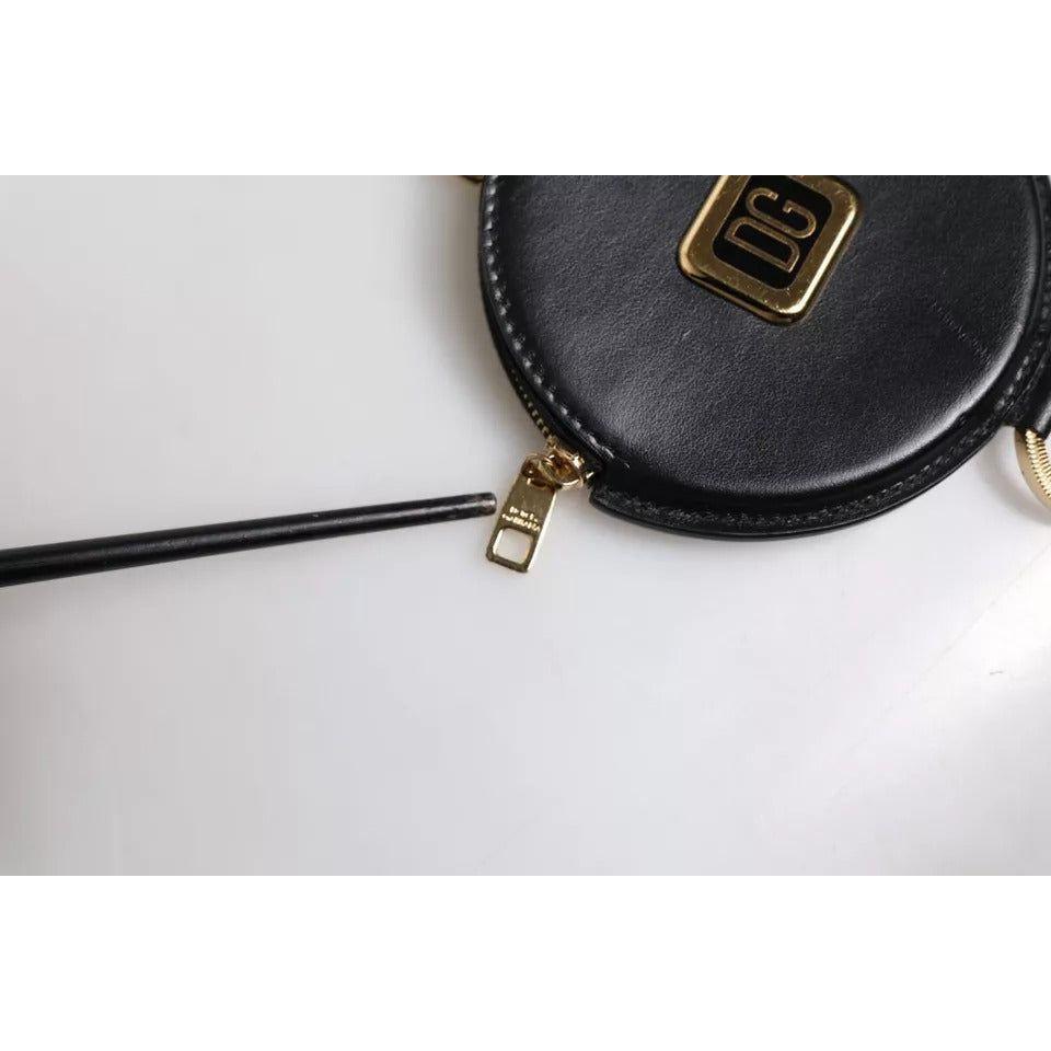 Luxour, Dolce & Gabbana Black Round Leather DG Logo Coin Purse Lanyard Wallet, 